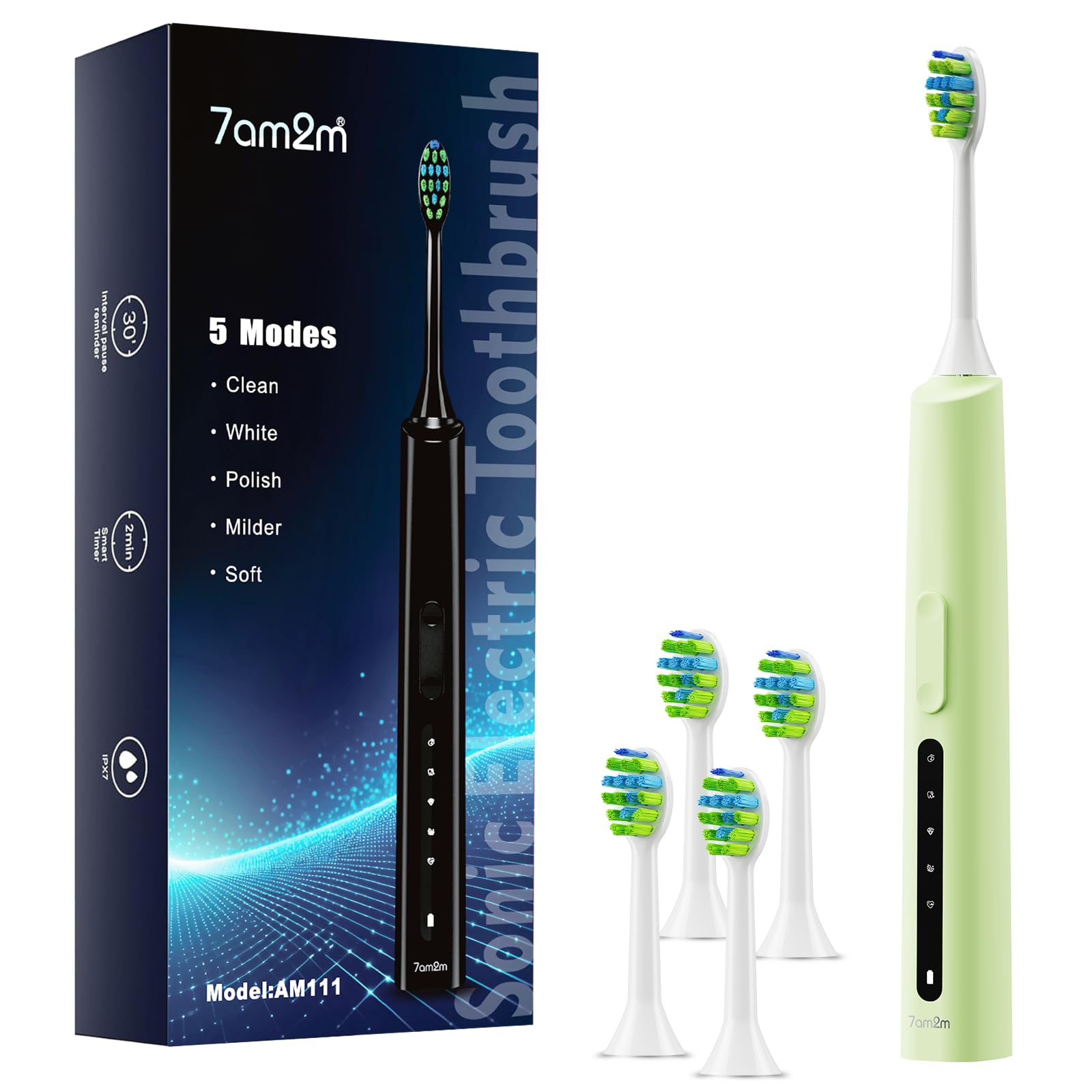 7AM2M Sonic Electric Toothbrush for Adults and Kids, 40000VPM Power Toothbrushes, Fast Rechargeable with 4 Brush Heads, 5 Modes, 2 Minutes Built in Smart Timer, One Charge for 60 Days (Green)