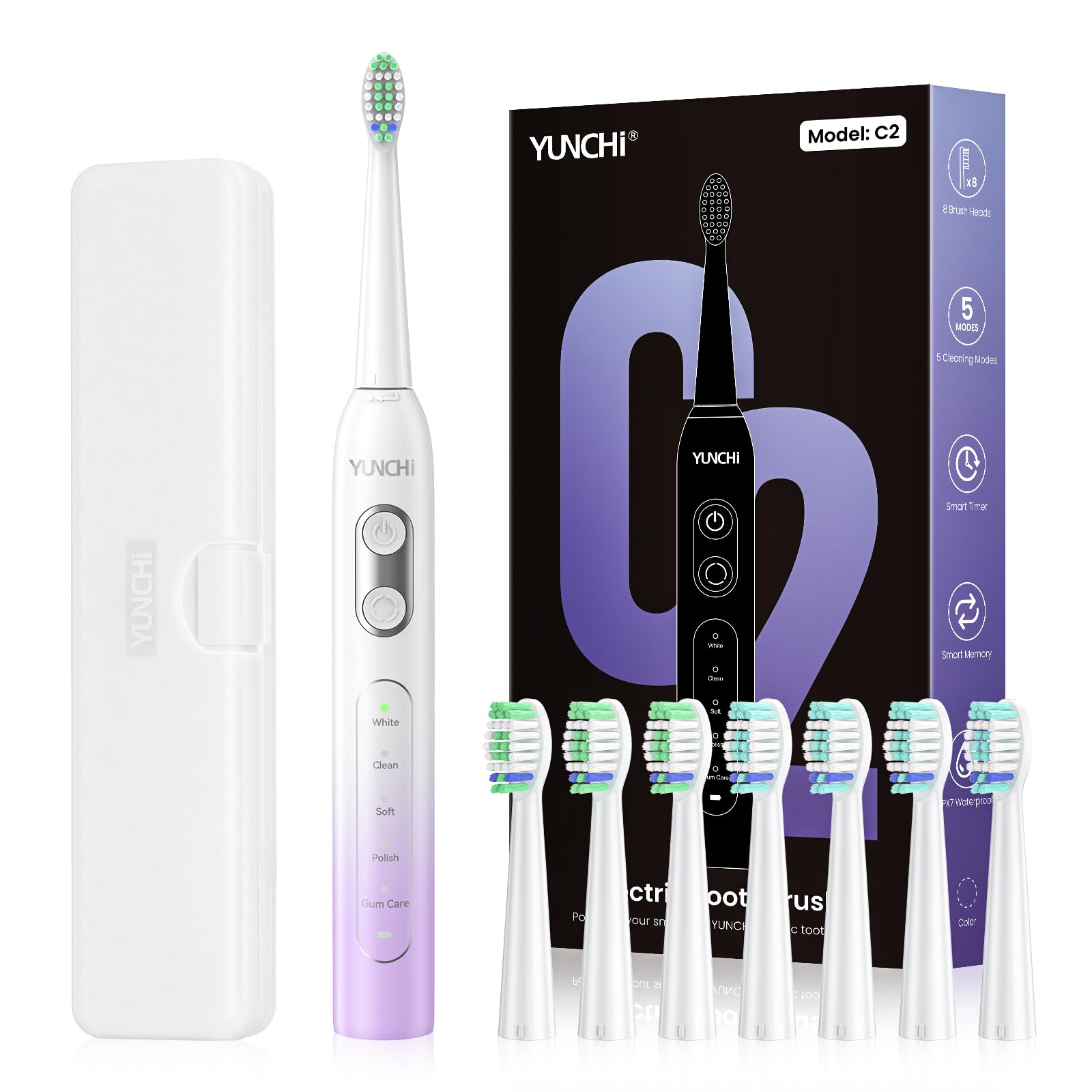 YUNCHI C2 Brosse à dents électrique, 40 000 VPM, sonique, pour adultes et enfants, charge USB-C, autonomie de la batterie de 30 jours, 5 modes de brossage, minuterie de 2 minutes, 8 têtes de brosse