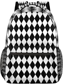 School Backpack for Teens Girls Boys Black And White Diamond Checkered Students Bookbag Middle High School College Bags, Waterproof Casual Daypack Laptop Backpacks for Women Men Travel