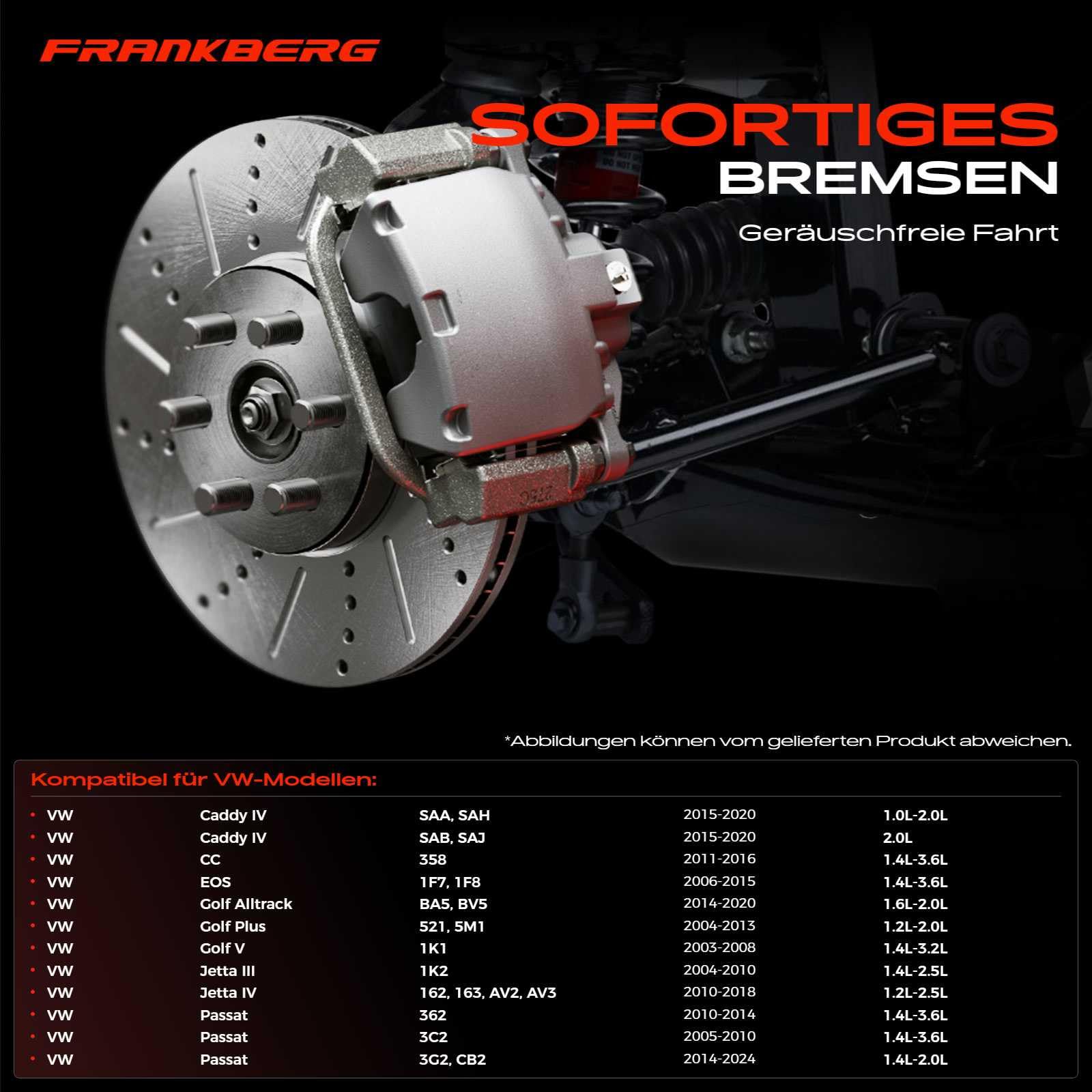 Frankberg 2 x tarcze hamulcowe, tarcze hamulcowe, przednie kompatybilne z Cadd.y IV MPV SAB SAJ 2,0 L 2015-2020 Golf V 1K1 1,4 l 3,2 l 2003-2008 Passa.t 362 1,4 l 3,6 l 2010-2014 Replace # 1K066 15301