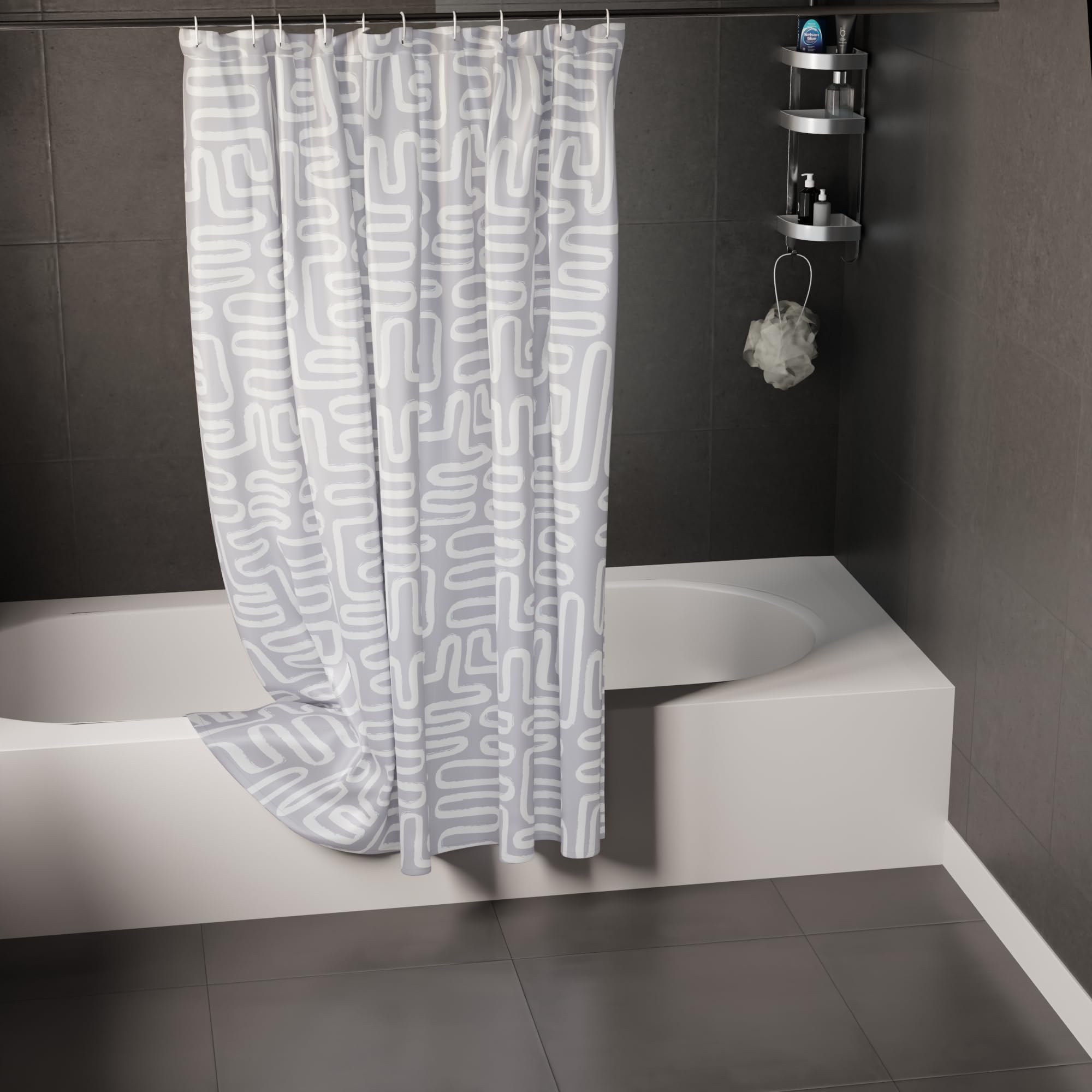 Encasa XO Bathroom Shower Curtain 7 Feet with 10 Hooks | (72x84 in) Quick Dry Heavy Printed Polyester Fabric Bathroom Curtains Waterproof | Machine Washable, Mould & Mildew Resistant - Boho Maze Grey