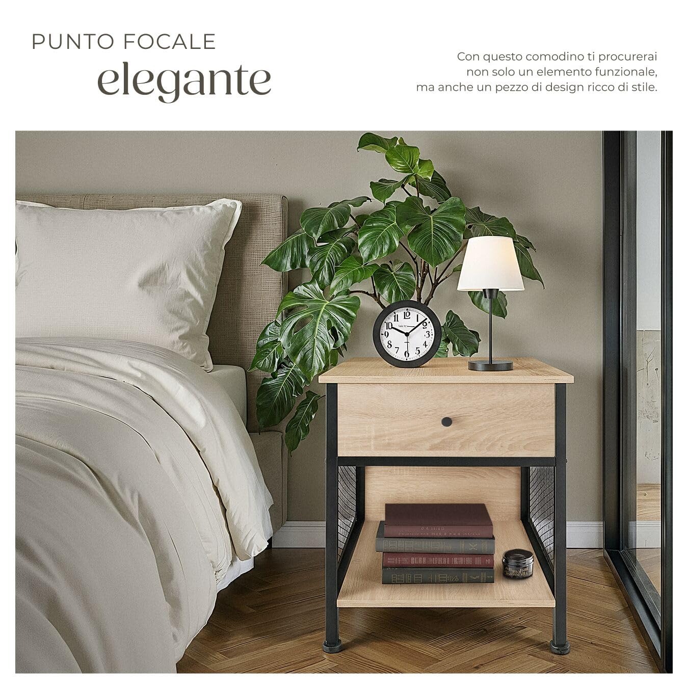 tectake® Comodino Camera da Letto 45x46x55,5cm, 2 Ripiani, 1 Cassetto