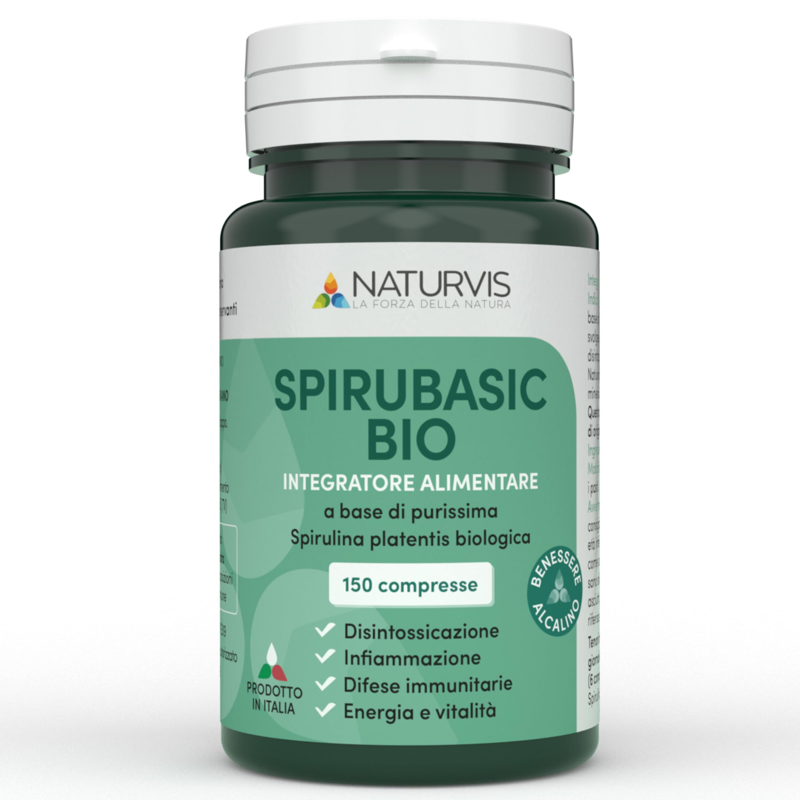 SPIRUBASIC BIO, Spirulina Purissima, Biologica - COLTIVATA IN ITALIA - 150 compresse – Fonte naturale di Amminoacidi Essenziali, Vitamine, Omega 3, Sali Minerali