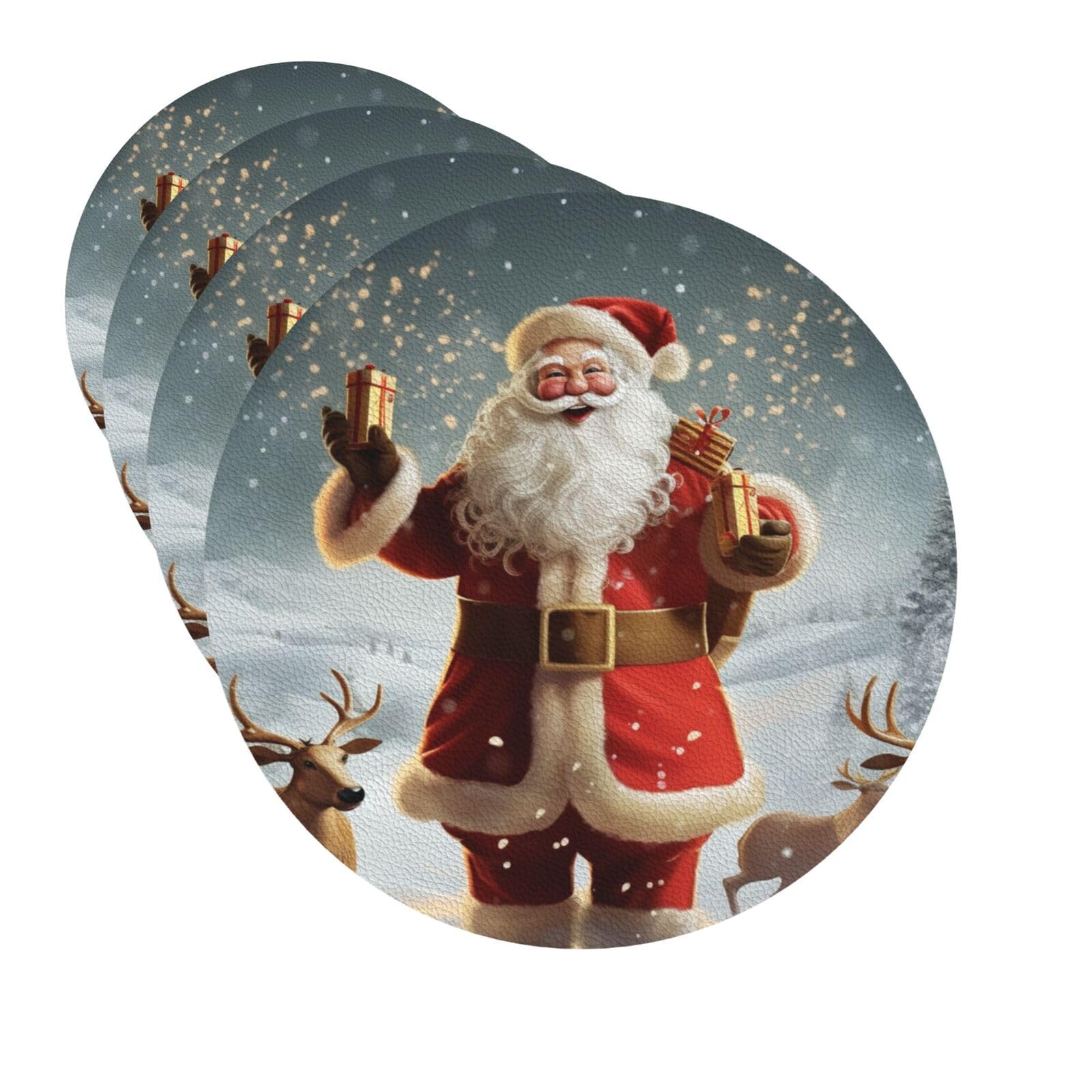 Drink Coasters Set of 4 Quick-Dry Leather Coaster Christmas Santa Claus Coasters for Drinks Coffee Cup Mat Tabletop Protection Heat Resistant Coaster for Kitchen Bar Office Home Decor