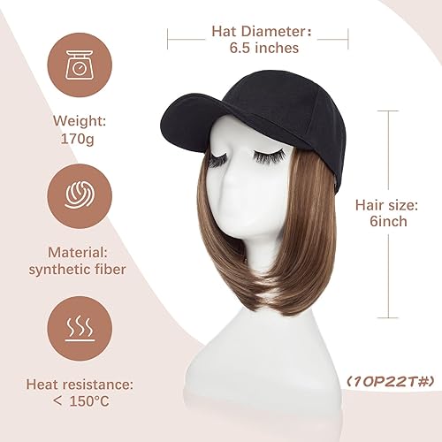 Miniatura 3 de SEGO 10P22T - Gorra de béisbol con extensiones de cabello para mujer, resistente al calor, sintético, 6 pulgadas, ajustable, corta, recta, peluca de