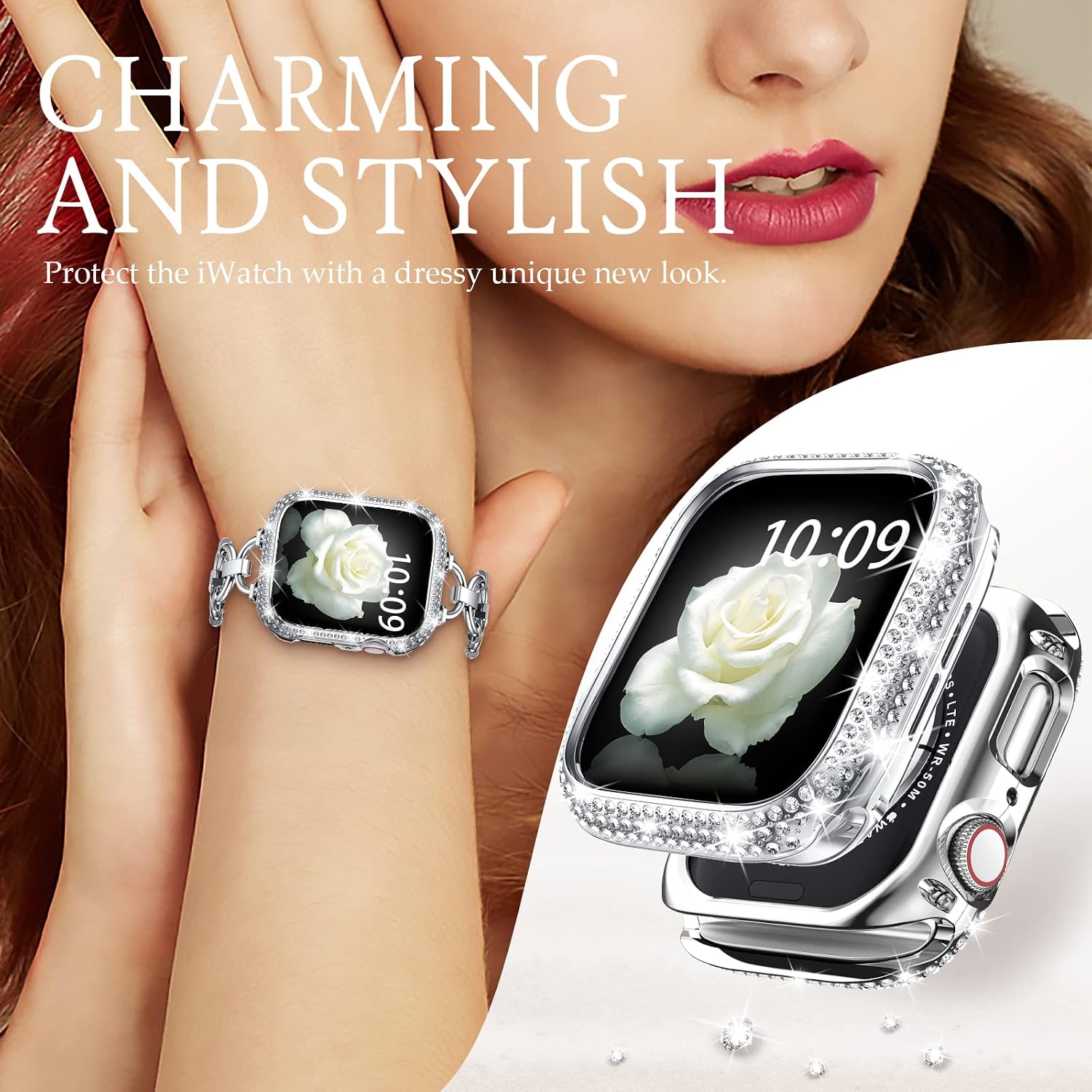 Goton Bling Case Compatible for Apple Watch Case 40mm SE/Series 6 5 4, Women Girl Luxury Sparkling Crystal Diamond Stainless Metal Bezel Case Cover for iWatch SE/Series 6 5 4 (Silver, 40mm)…