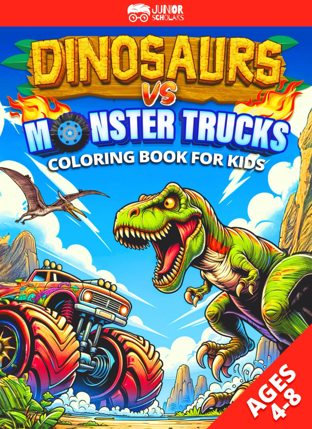Dinosaurs VS Monster Trucks Coloring Books for Kids Ages 4-8: Jumbo Activity Coloring Book for Boys & Girls - Dino Truck Fun