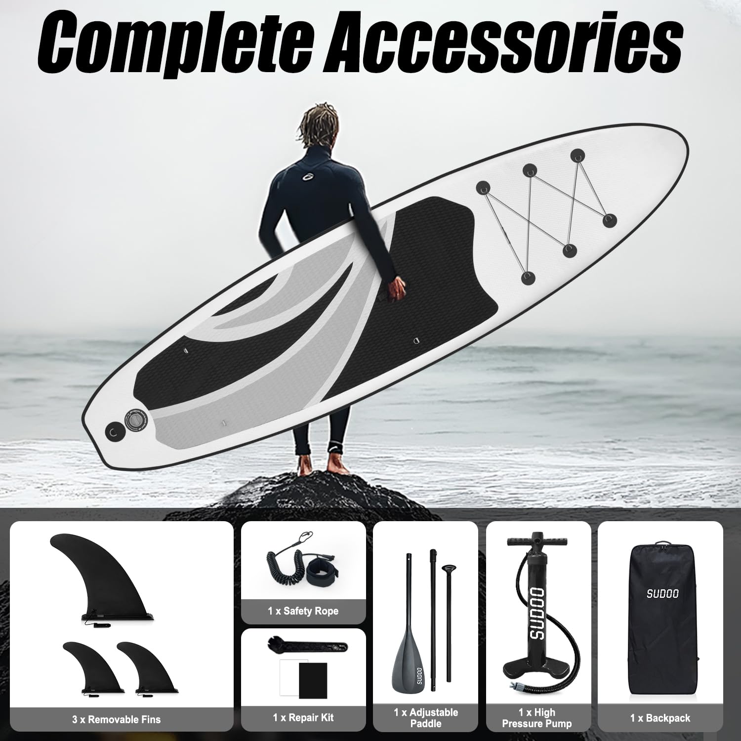 Deska SUP Stand Up Paddling Board, 300 cm, 325 cm, nadmuchiwana deska do wiosła stojącego, nośność do 150 kg, kompletne akcesoria z wiosłem, płetwami, pompką