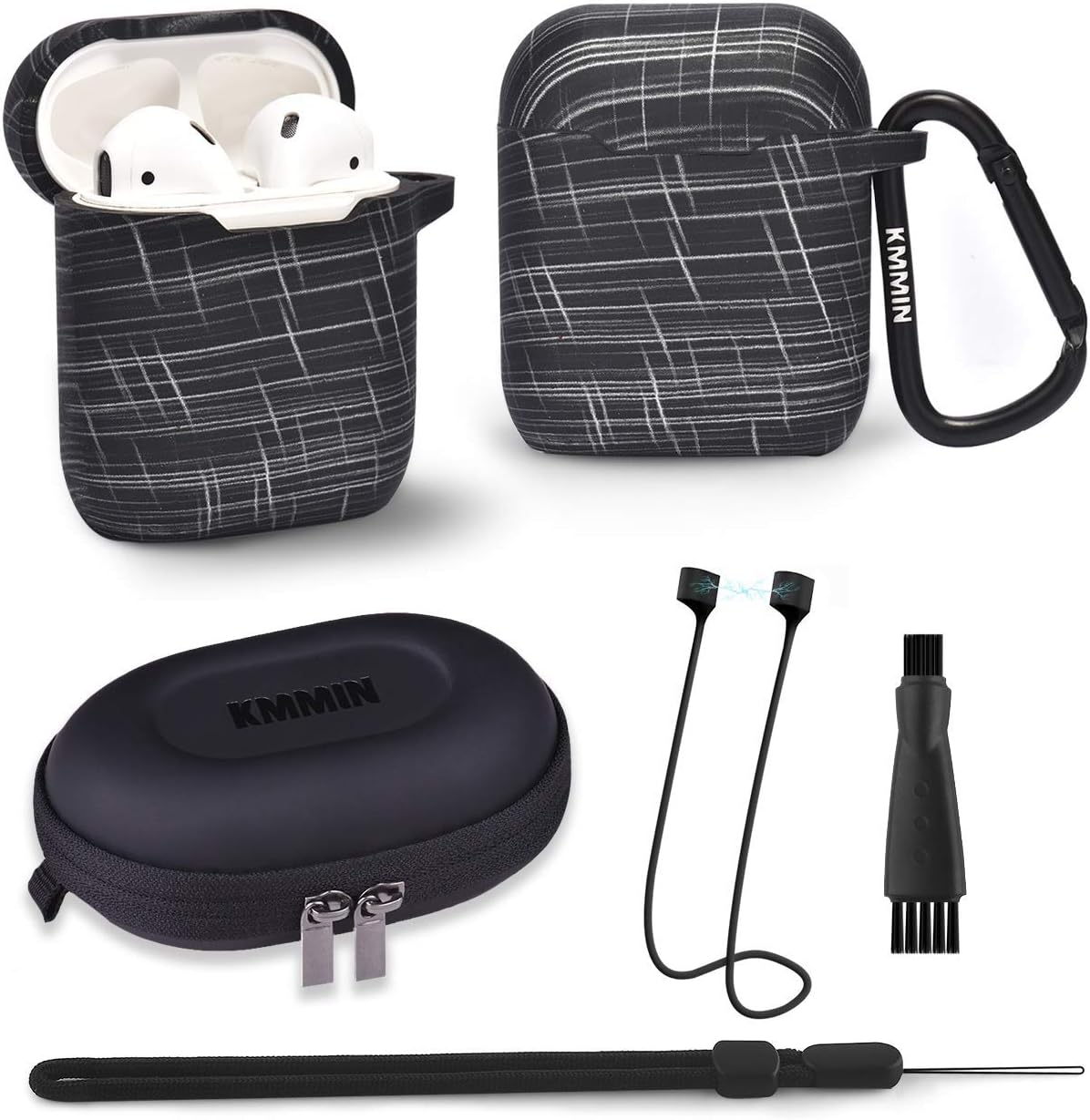 AirPods Case, KMMIN AirPods Accessories for AirPods 1&2 Wireless Charging Case 7 in 1 Premium Silicone Case Cover Skin with Carabiner/Strap/Grips/Earhooks/Brush/Accessories Storage Box