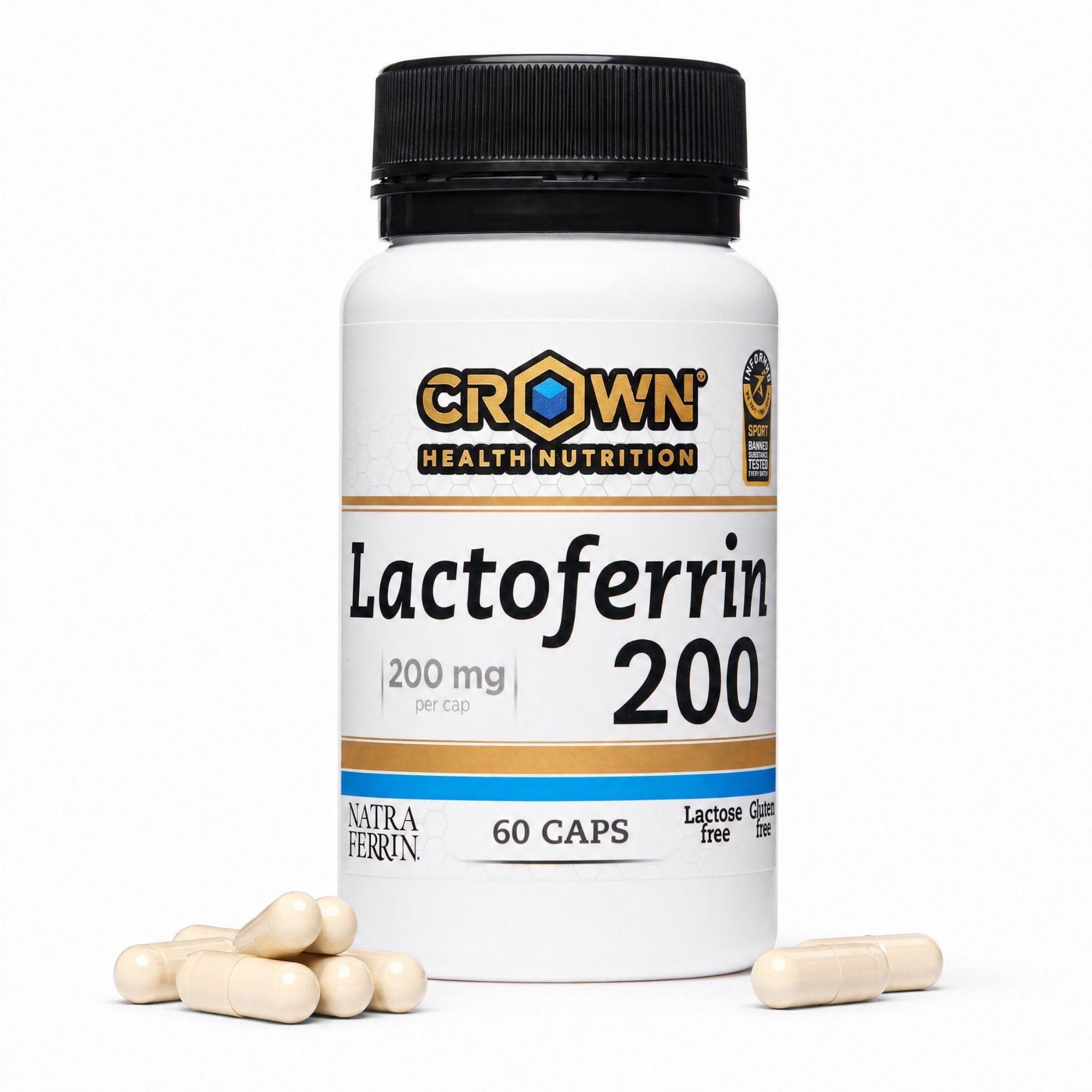 Crown Sport Nutrition Lactoferrin 200 Natraferrin® | Lactoferrina ≥95% Pureza | Suplemento de Hierro y Ferritina | Sin Lactosa | 60 Cápsulas | Informed Sport