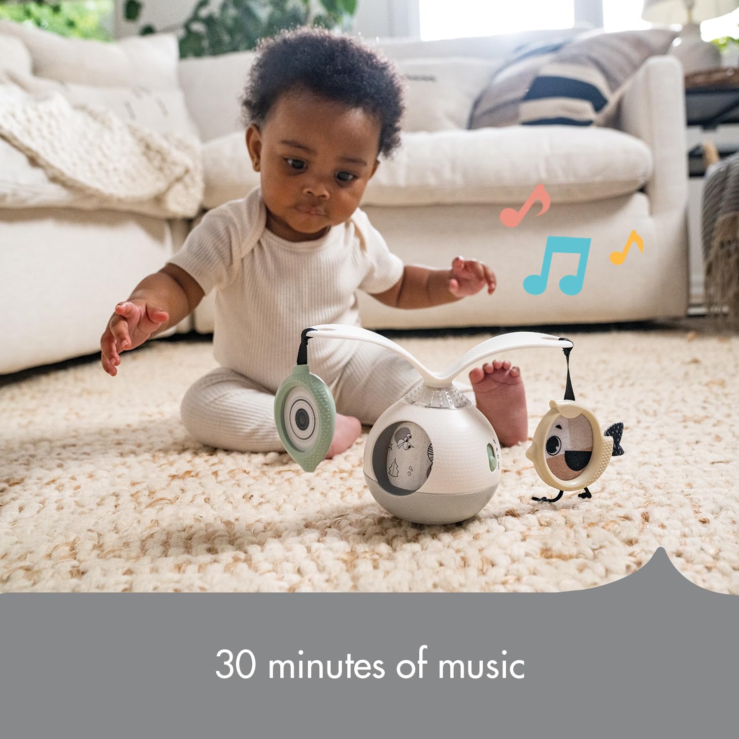 Tiny Love 2-in-1 Tummy Time Musical Mobile, Móvil musical 2 en 1 para el tiempo boca abajo, móvil giratorio de 360° con música y luces, 0 meses+, móvil portátil para carrito, Black & White Décor