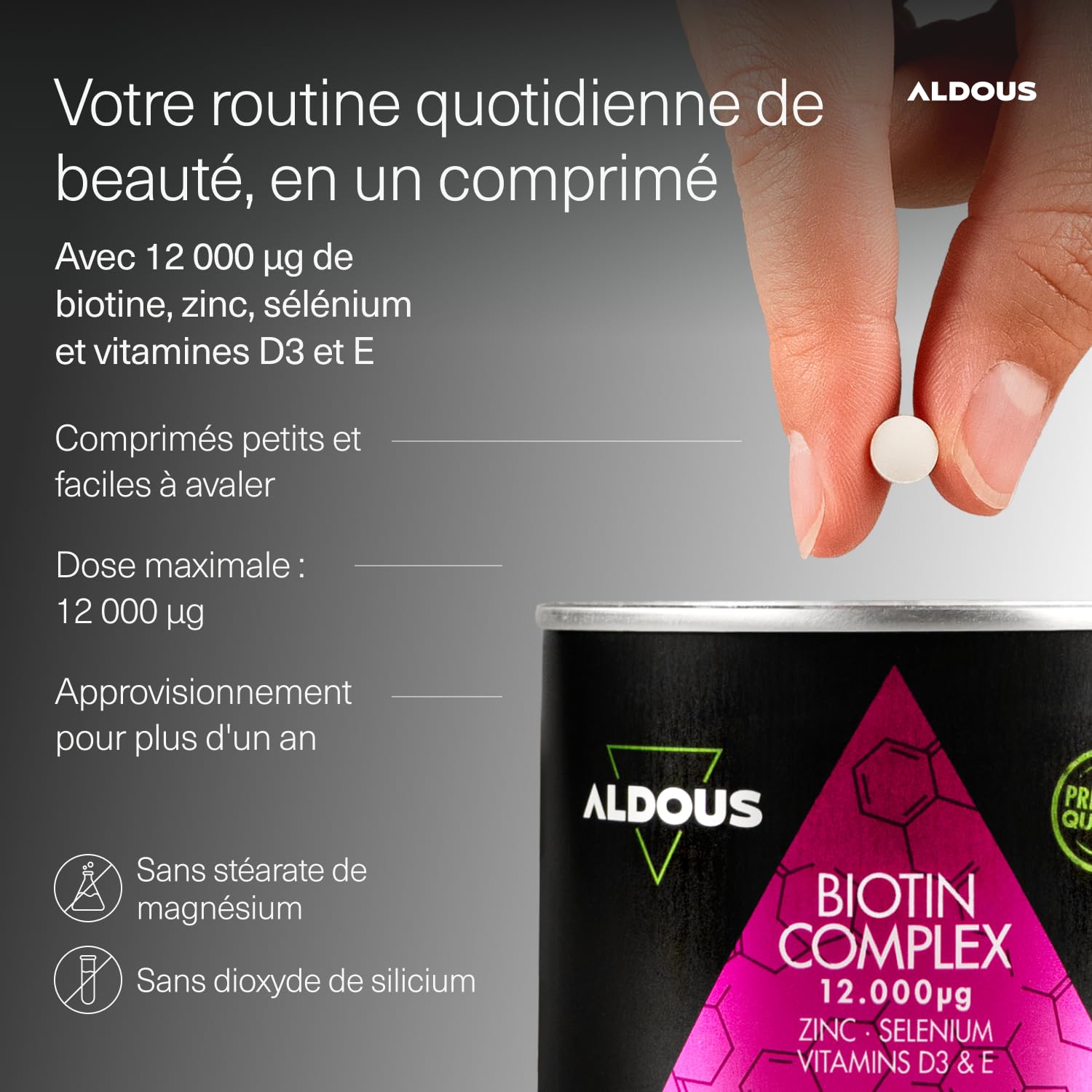 Biotine 12 000 mcg - 400 Comprimés - Zinc, Sélénium, Vitamine D3 et Vitamine E - Biotine Cheveux, Peau et Ongles - Biotine Cheveux Pousse Rapide - Complément Alimentaire Pousse Cheveux - ALDOUS