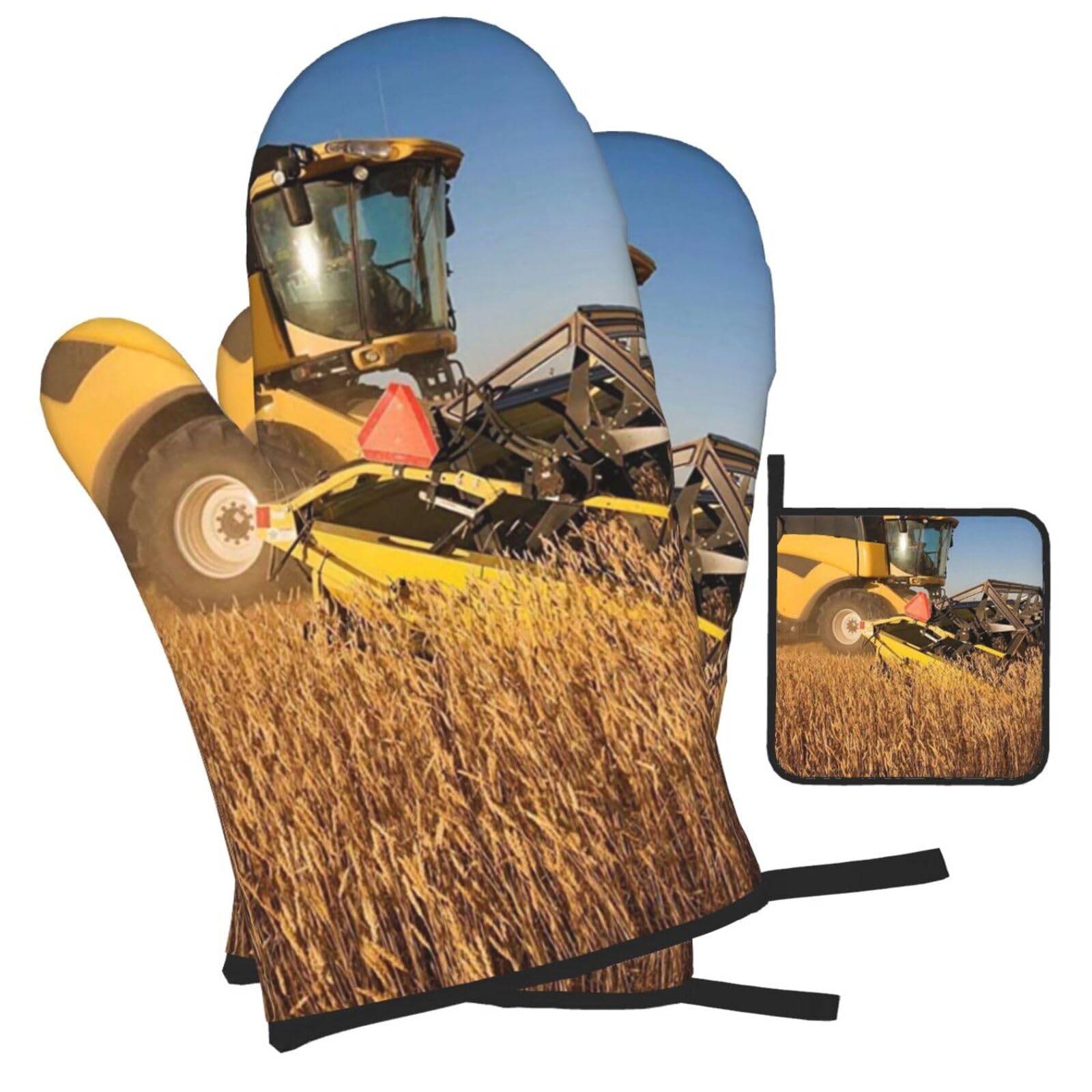 Farm Tractor Printed Oven Mitts and Pot Holders Heat Resistant Set of 3 Pcs, Modern Kitchen Gloves & Potholders for Cooking Baking Grilling
