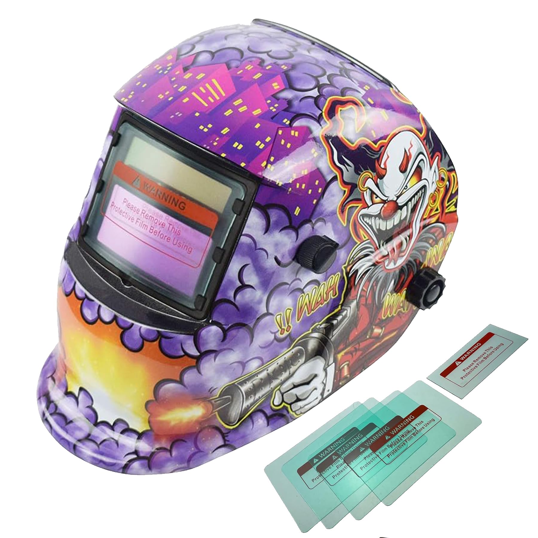 XTRM Auto Darkening Welding Helmet Hi-Tech Grinding CE Approved Solar Power Function Professional Protective Gear Welding Tig Mig Arc Welders Mask Helmet + 5 Lens (Clown, One)