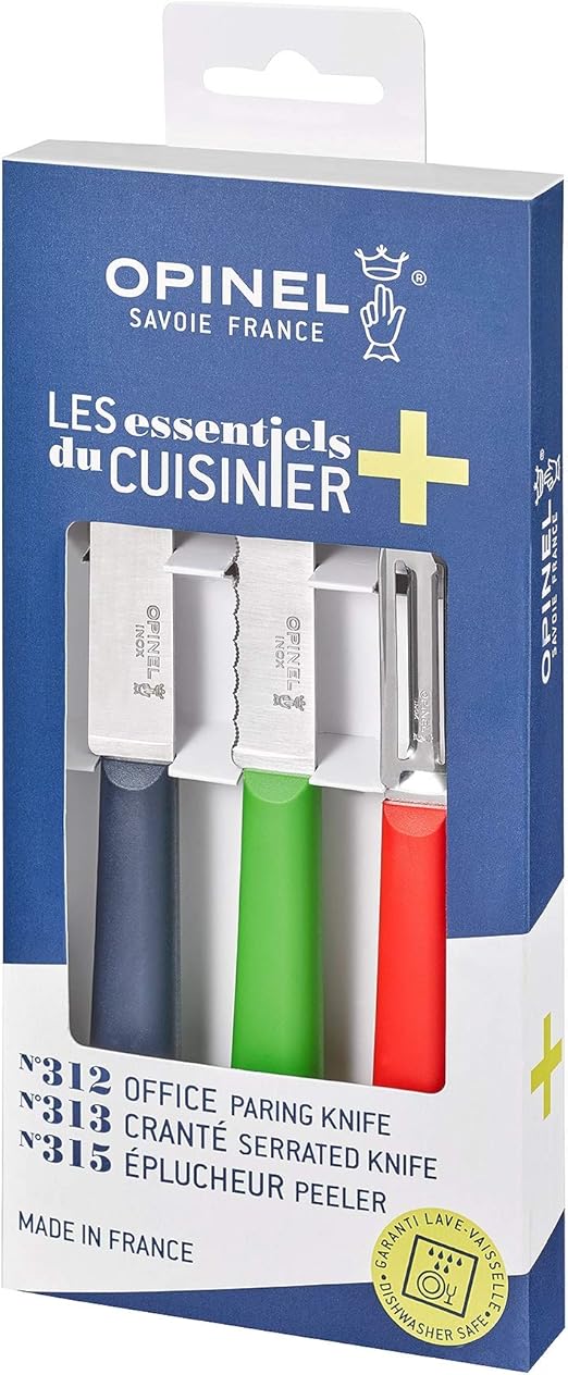 OPINEL Les Essentials+ Small Kitchen Prep 3 Piece Knife Set - Paring Knife, Serrated Knife, Peeler, Corrosion Resistant + Dishwasher Safe, Made in France