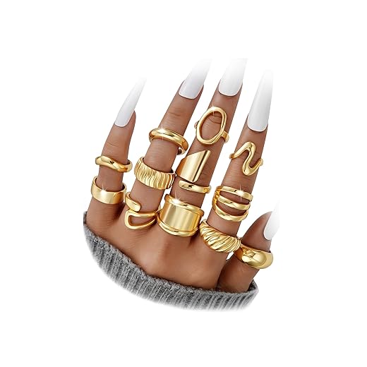 17 MILE Chunky Gold Stackable Rings for Women Non Tarnish, 18K Gold-Plated Statement Open Stacking Rings, Knuckle Band Ring Set