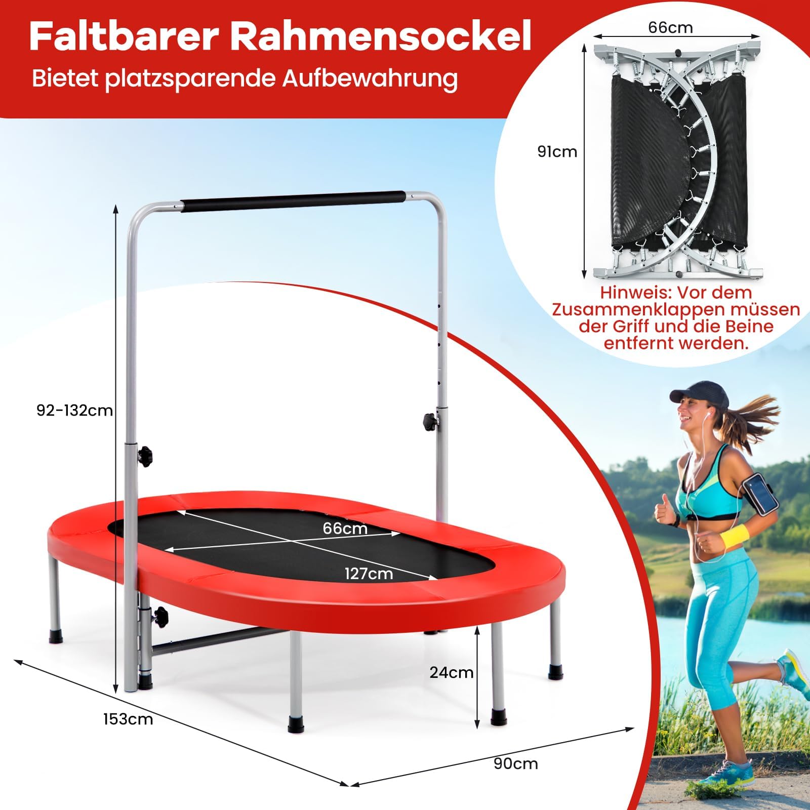 COSTWAY 2 Personen Trampolin, Mini Trampolin mit höhenverstellbarm Haltegriff, bis 150kg belastbar, Kindertrampolin klappbar, Gartentrampolin für Kinder, Erwachsene