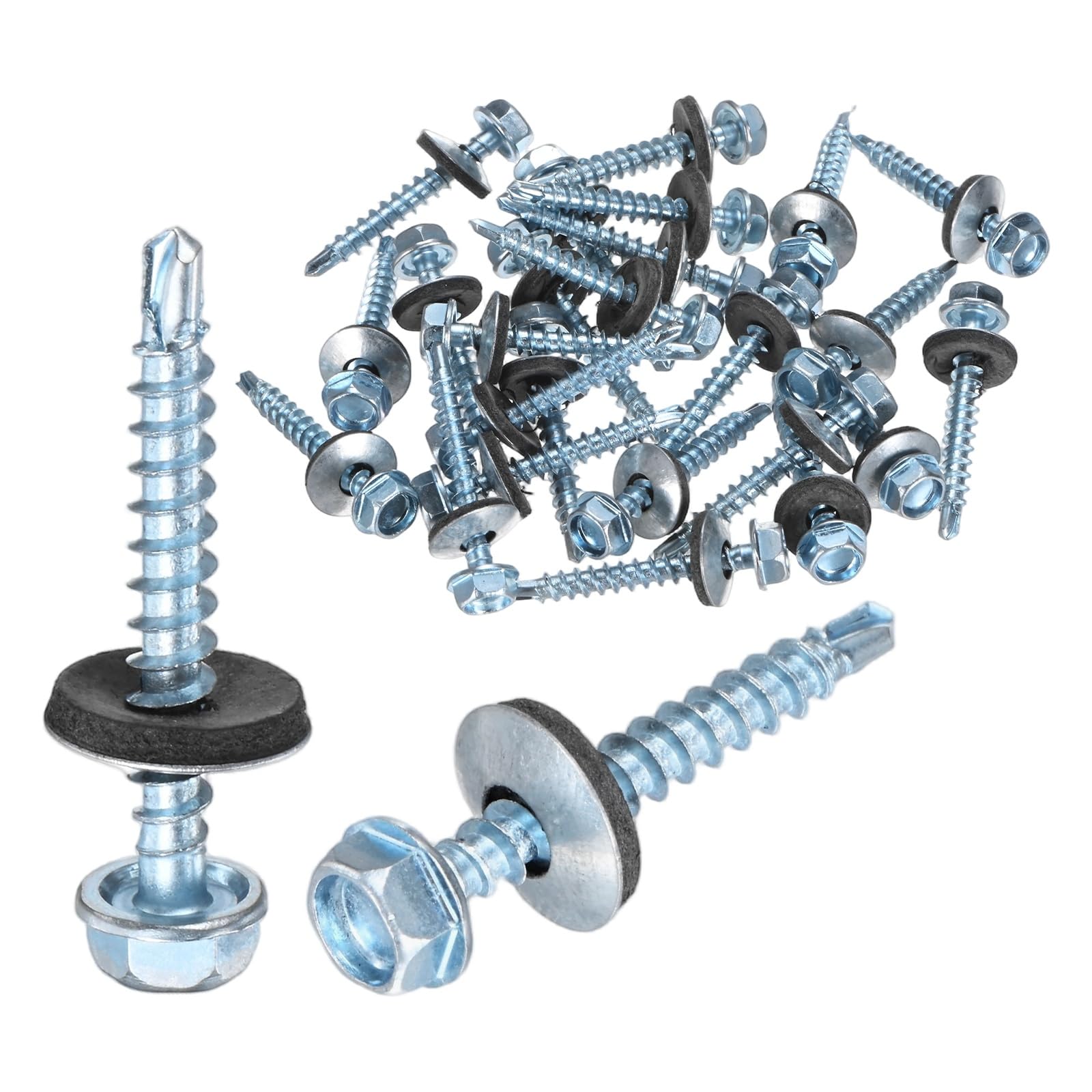 M METERXITY 25-Pack Self Drilling Screws with Rubber Washer ST4.8 x 38mm Zinc Plated Carbon Steel Hex Head Self-Tapping Screws for Metal Roofing/Siding Panels/Steel Structures