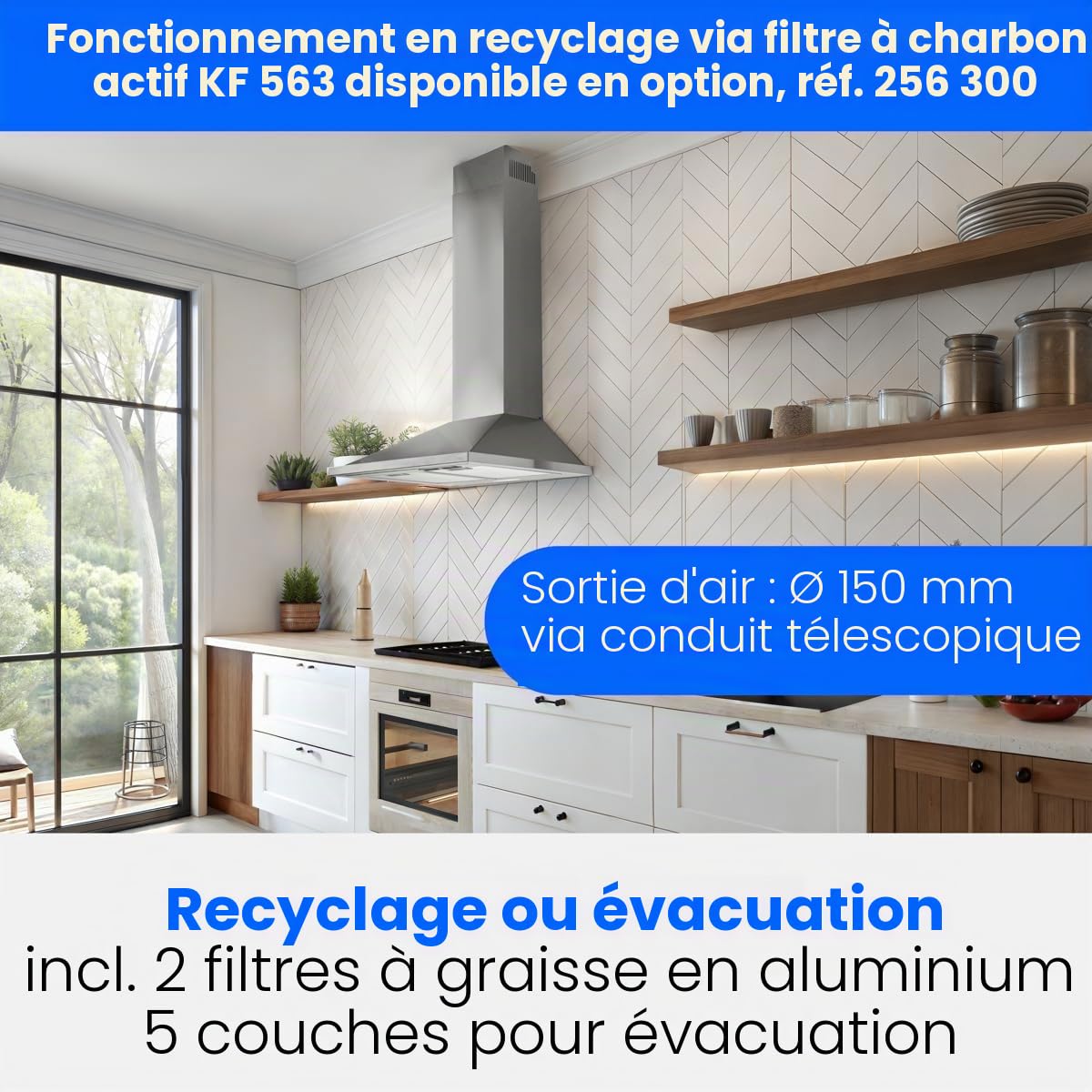 Hotte cheminée inox Bomann DU652-1-inoxInoxHotte aspirante sous-structure d'une largeur de 60 cm, Aspiration puissante de 205 m³/h, Eclairage LED efficace (blanc chaud 2W