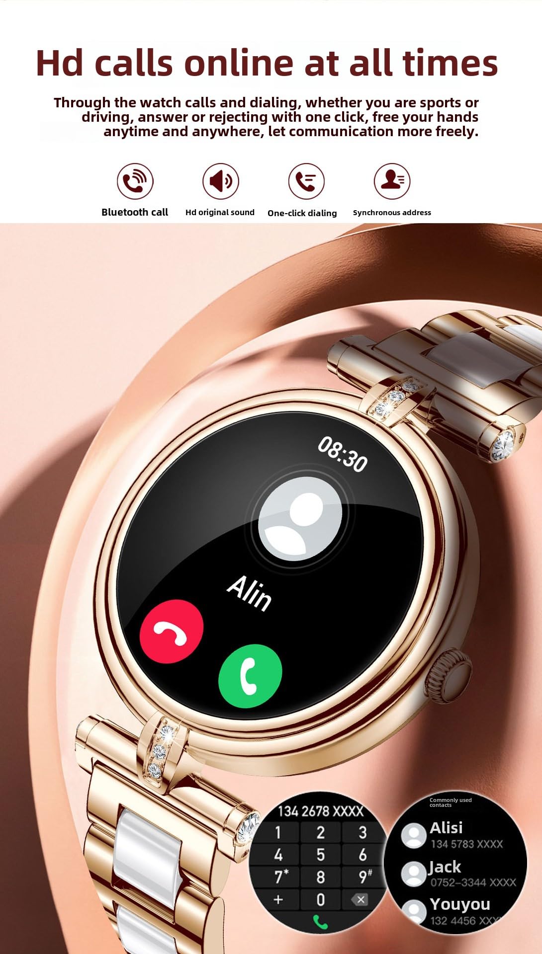 AK62 Smartwatch, zegarek sportowy Bluetooth, rozmawiające tętno, monitorowanie snu, krokomierz, okrągły zegarek damski (srebrzysty B)