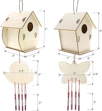 Arts and Crafts for Kids Ages 4-8 8-12, 2 Pack DIY Bird House Wind Chime Kids Crafts, Craft Kits for Girls Boys Toddlers 4-6 6-8, Painting Kits Includes Paints & Brushes
