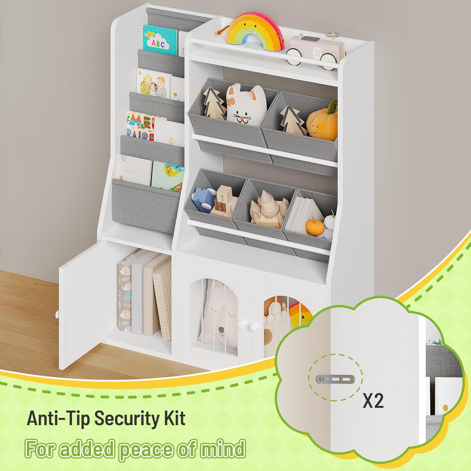 Toy Storage Organizer, Kids Toy Storage with 5 Fabric Drawers and 5-Tier Hanging Bookshelf, Elastic Doors and Guardrail, Bookcase for Bedroom, Nursery, Classroom, White and Gray