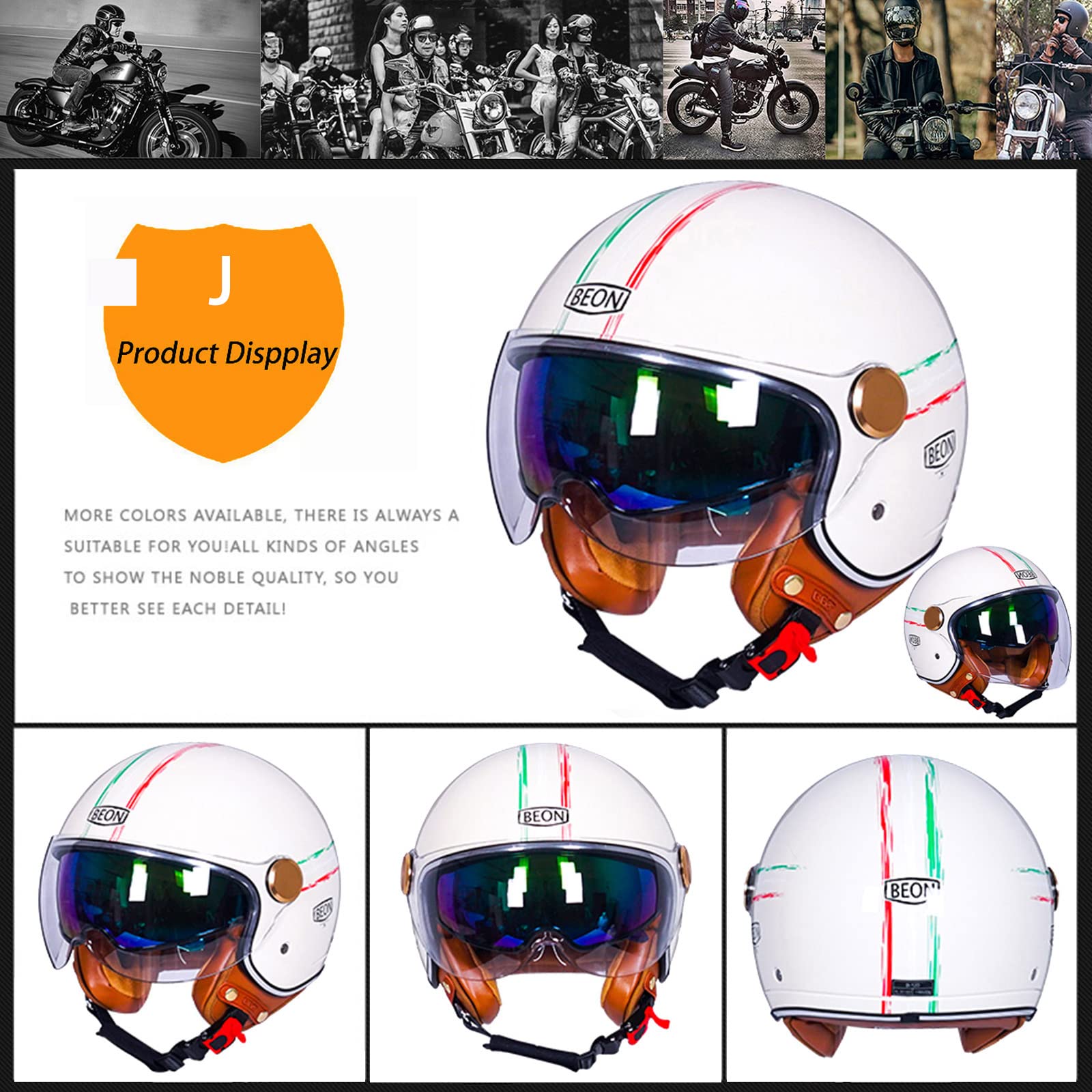Casco De Moto Mujer Casco Moto Retro,Casco Scooter Con Visera,Abierta Medio  Jet Casco, Ciclomotor Casco Para Hombres Y Mujeres Adultos Dot/ECE  Homologado E,M 56-57cm Casco Jet Moto Hombre, image size:1600x1600
