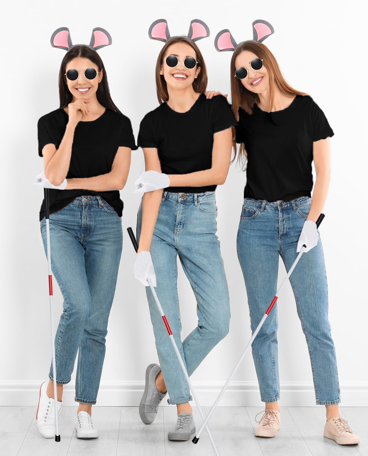 Benwanfee 12Pcs Halloween Mouse Costume Accessories Set, Blind Mouse Costume Kit including Headbands Round Sunglasses Folding Blind Cane White Gloves for Halloween Party Favor Accessories