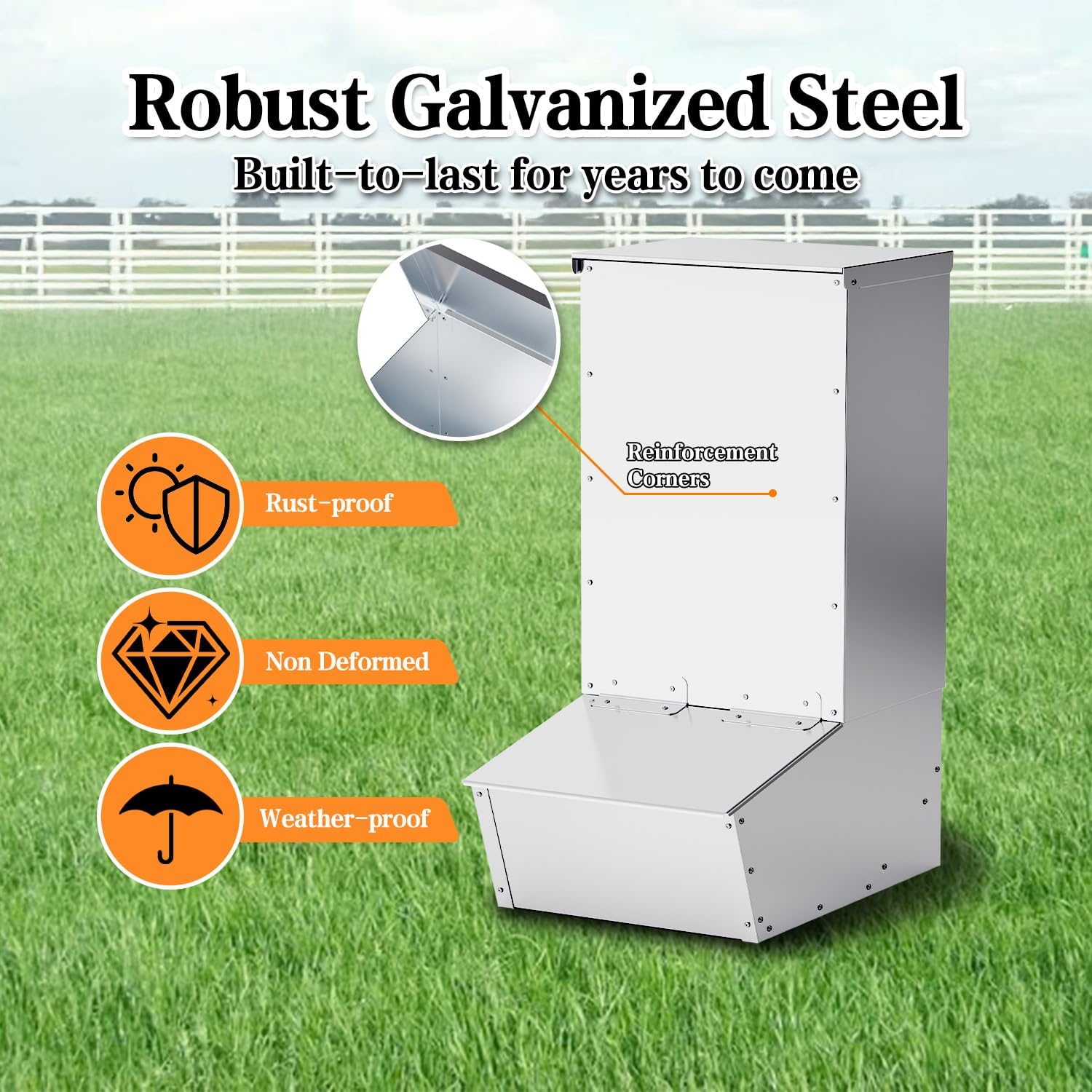 Hog Feeder, 2.5 Bushels Capacity, Heavy Duty Galvanized Steel Single Door Pig Feeder, Moisture Proof Piglet Creep Feeder, All Nuts Pre-Installed, Silver