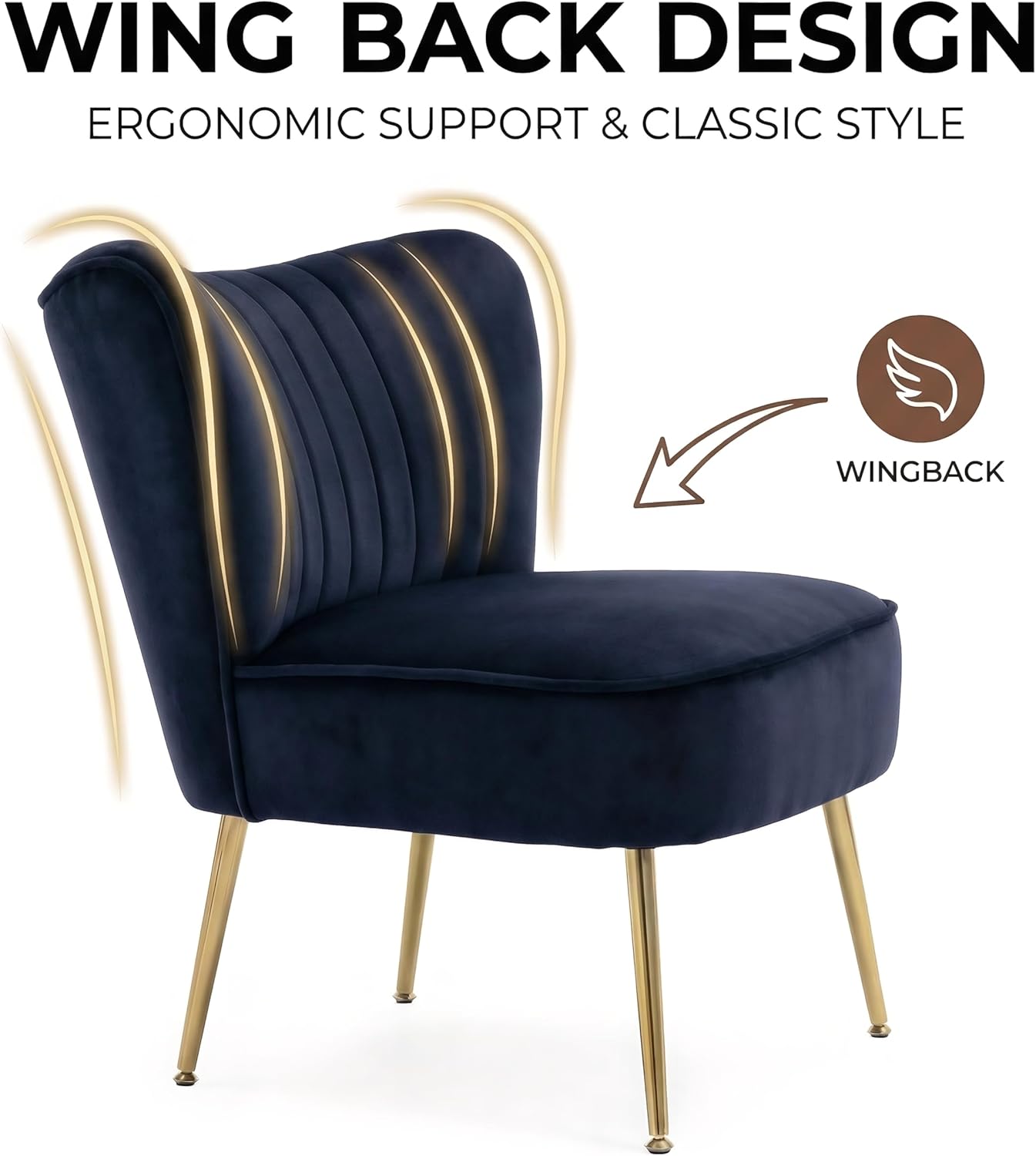 DUOMAY Modern Accent Chair Set of 2 Velvet Slipper Chair with Gold Legs Wingback Side Chair for Living Room Bedroom Entryway Small Corner Chair for Space Saving, Black