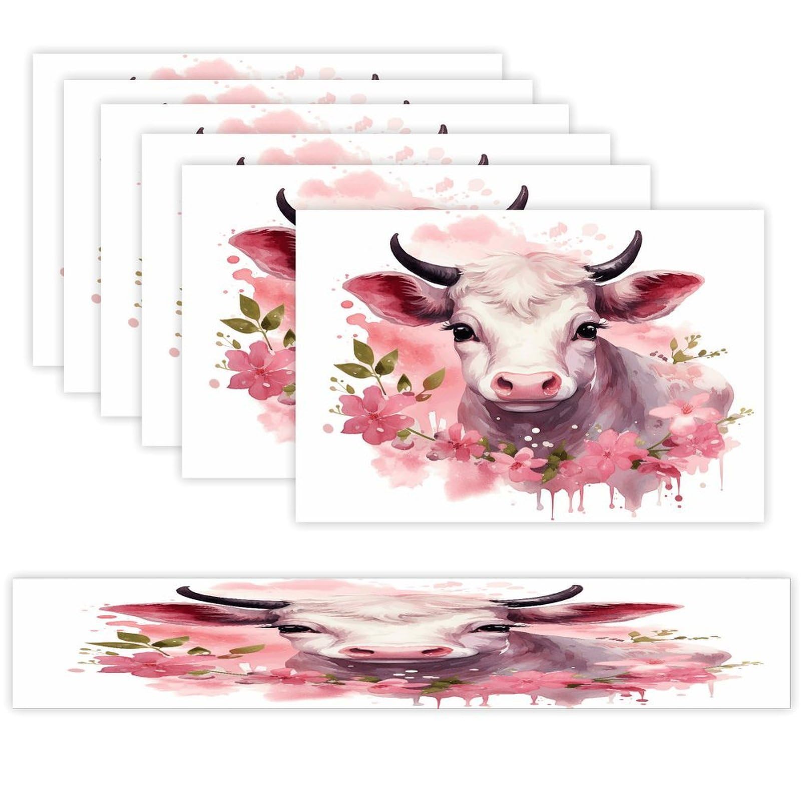 A Little Cow Table Runner and Placemats Set of 6 Wipe Clean Heat Resistant Table Mat with Table Runner Decorations Flax Linen Place Mat Set for Home Kitchen Party Supplies