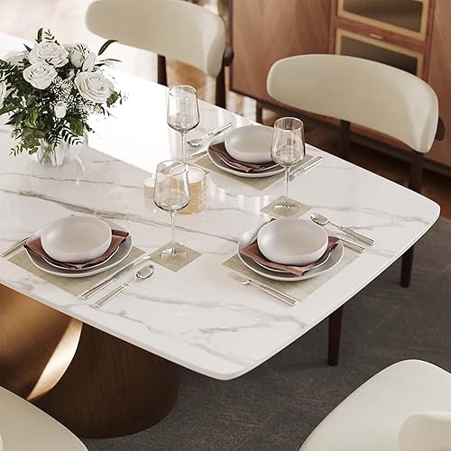 Miniatura 6 de POVISON Hobart - Mesa de comedor rectangular moderna de 71 pulgadas para 6, mesa de piedra sinterizada blanca brillante con pedestal de acero al