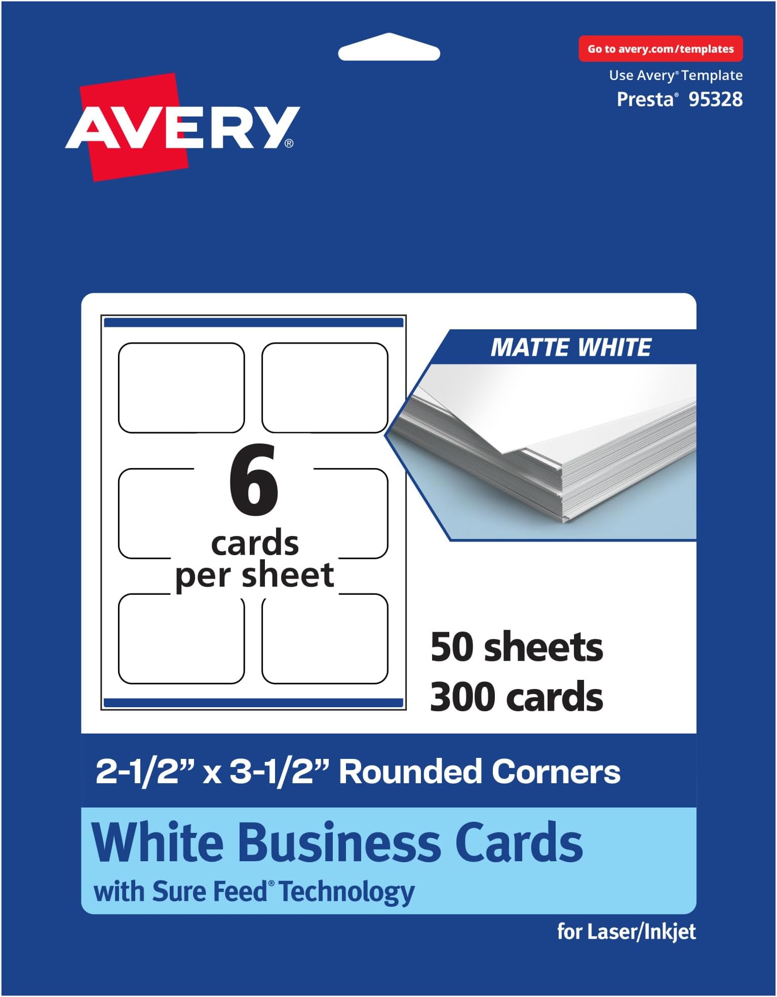 Printable Rectangle Rounded Corner Business Cards, Sure Feed Technology, 2-1/2" x 3-1/2", Matte White Cardstock, Print-To-The-Edge, Laser/Inkjet Printable, 300 Total