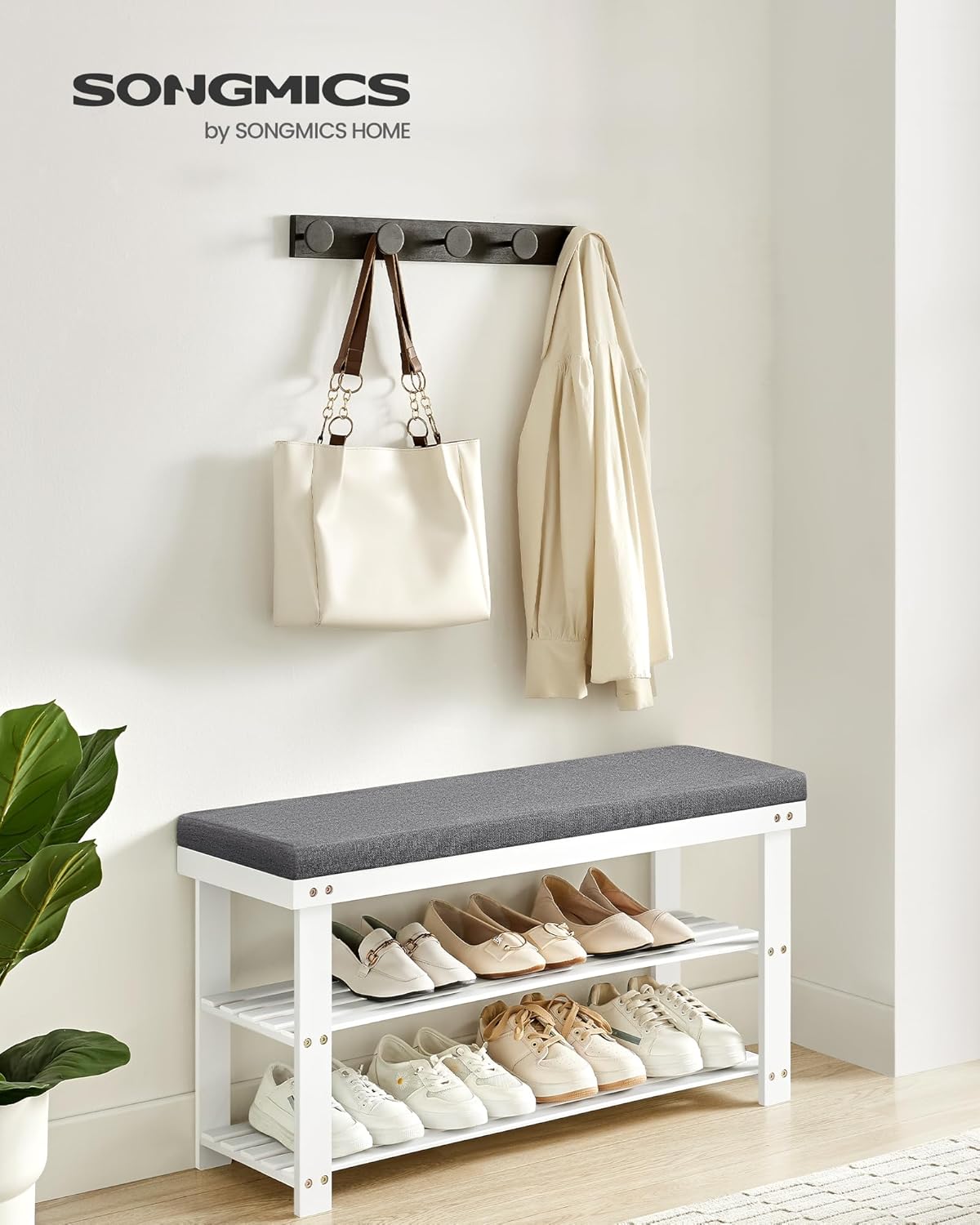 SONGMICS Bamboo Shoe Bench, 3-Tier Shoe Rack Organizer for Entryway, Living Room, Bench Seat Holds Up to 300 lb, 11.9 x 35.4 x 19.2 Inches, Cloud White and Slate Gray ULBS904W01