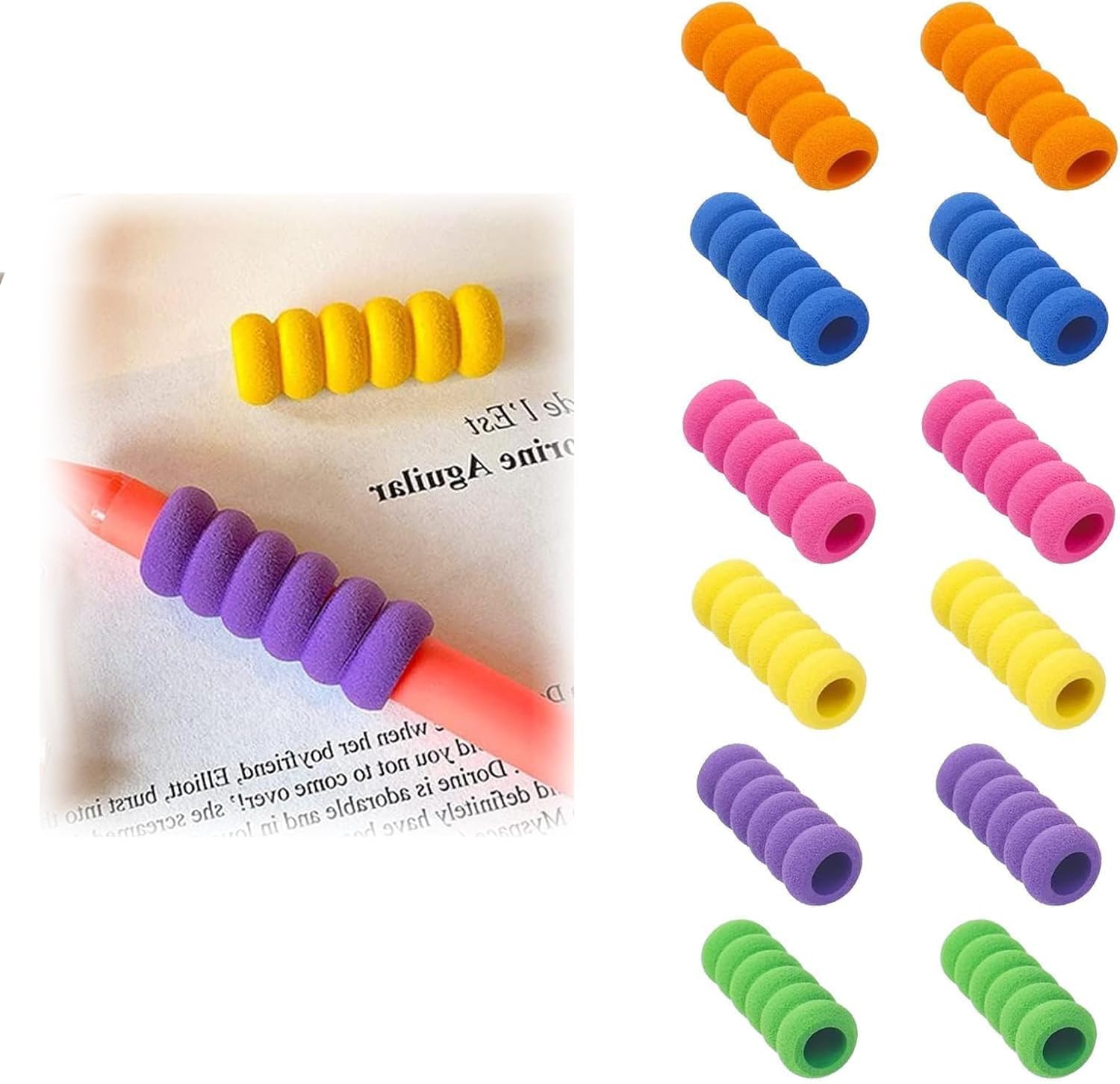 Pencil Grips for Children, 12 Pcs Pen Grips for Adults Foam Pencil Grips for Kids and Adults Easy Grip Pencils for Kids Handwriting, 6 Colours Pen Holder Grips for Relieving Fingers