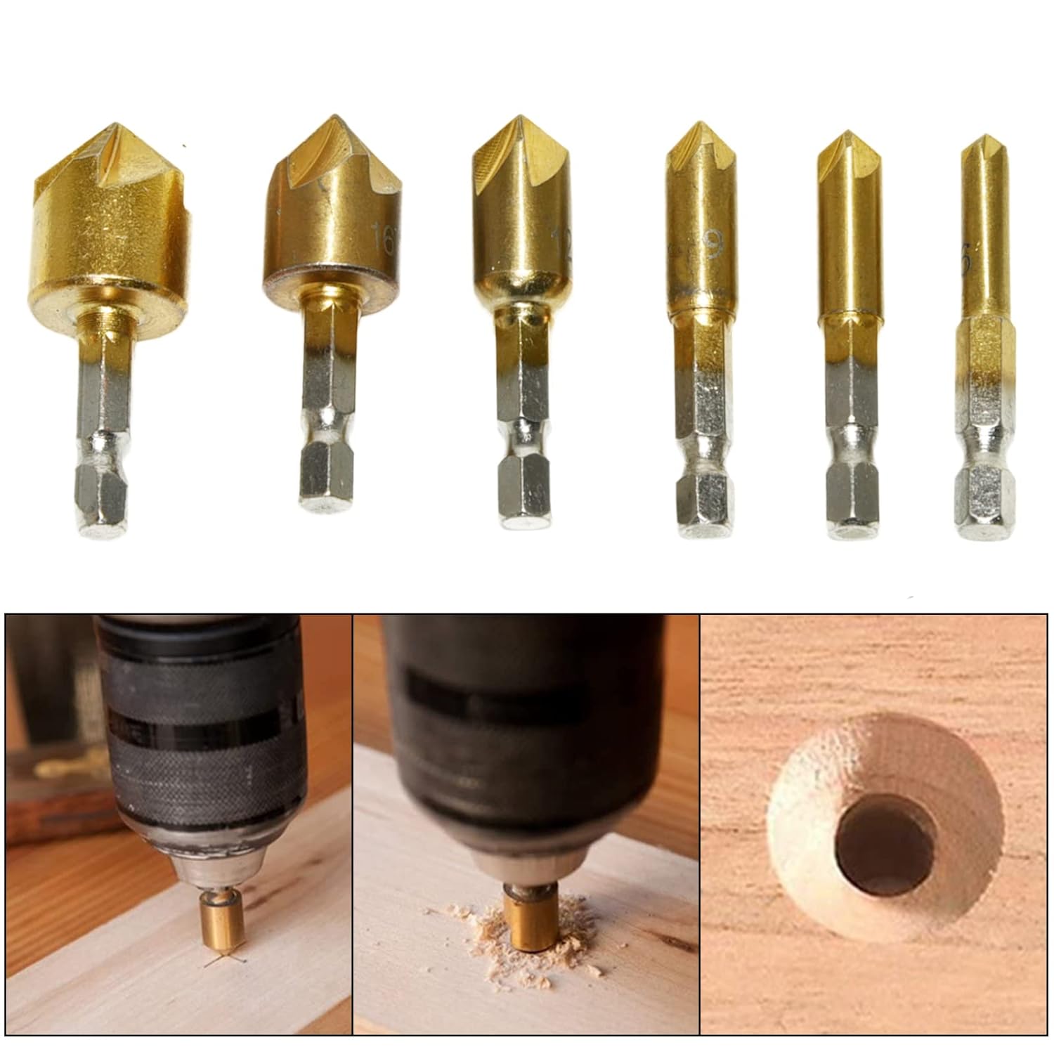 Woodworking Drilling or Chamfer tool,8PCS Wood Plug cutter,6pcs 1/4" Hex 5 Flute 90 Degree Countersink Drill Bits,7pcs Three Pointed Countersink Drill Bit with L-wrench and Automatic center punch