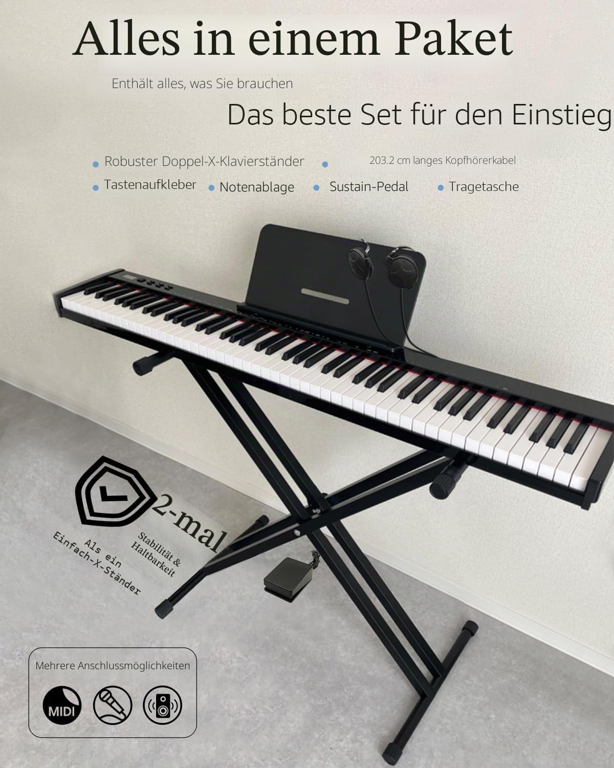 【Keyboard Piano Set mit Ständer】Longeye 88 Tasten E-Piano, Semi-Gewichtet, Kompakt und Tragbar, mit Tragetasche, Notenständer und Sustain-Pedal, Schwarz (Slim-88)