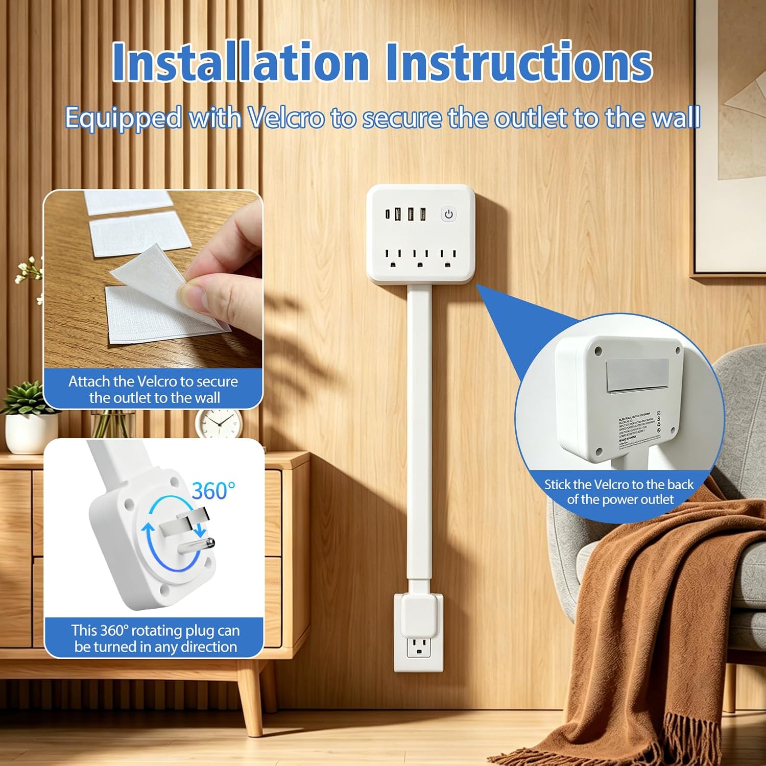 180° Rotating Outlet Extender Stick with 3 AC & 4 USB