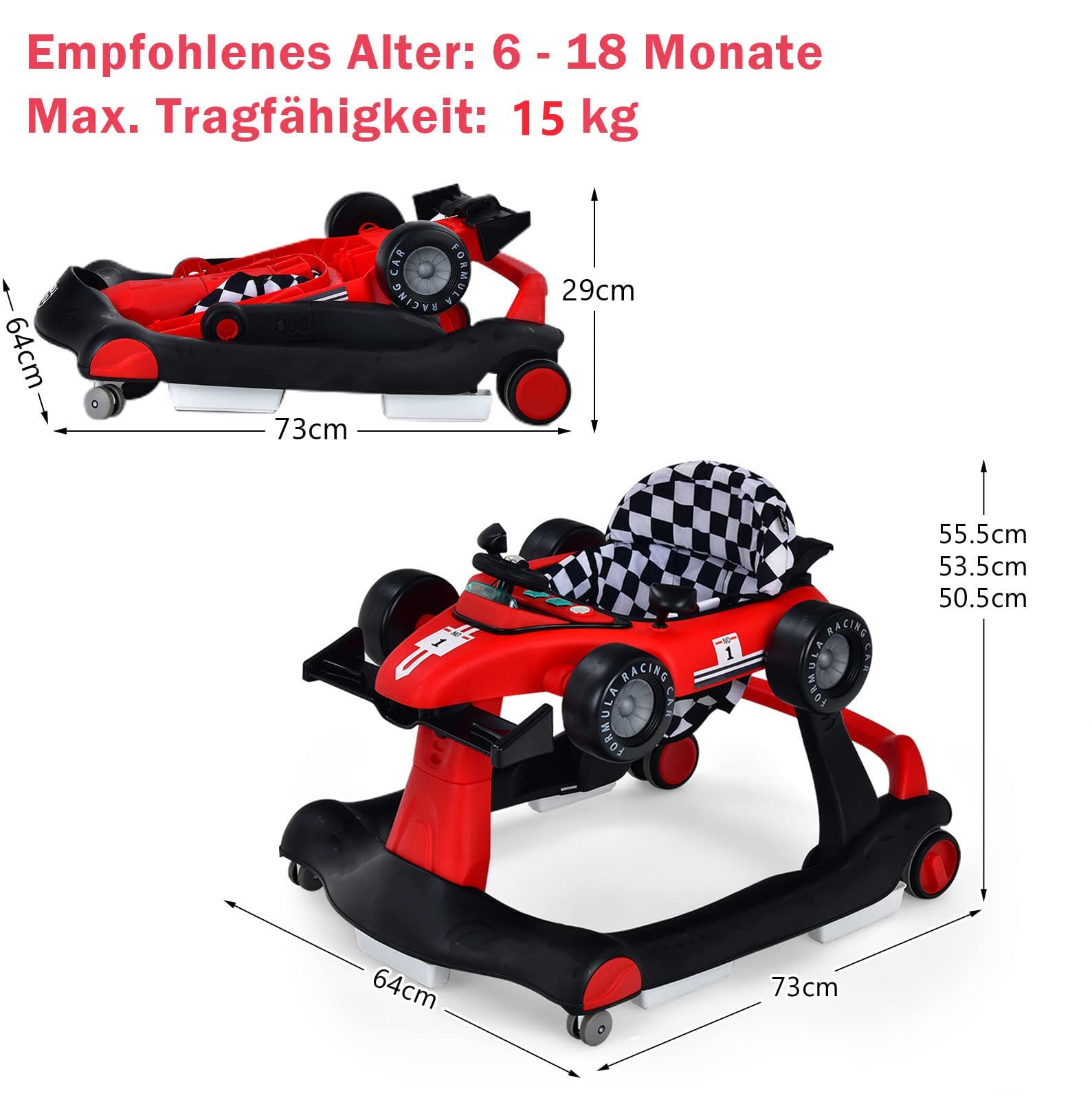 DREAMADE Lauflernhilfe, 4 in 1 Autoförmiger Lauflernwagen mit einstellbarer Geschwindigkeit, Musik & Licht, Babywalker Höhenverstellbar & Klappbar, Gehfrei Baby ab 6 Monate (Rot)