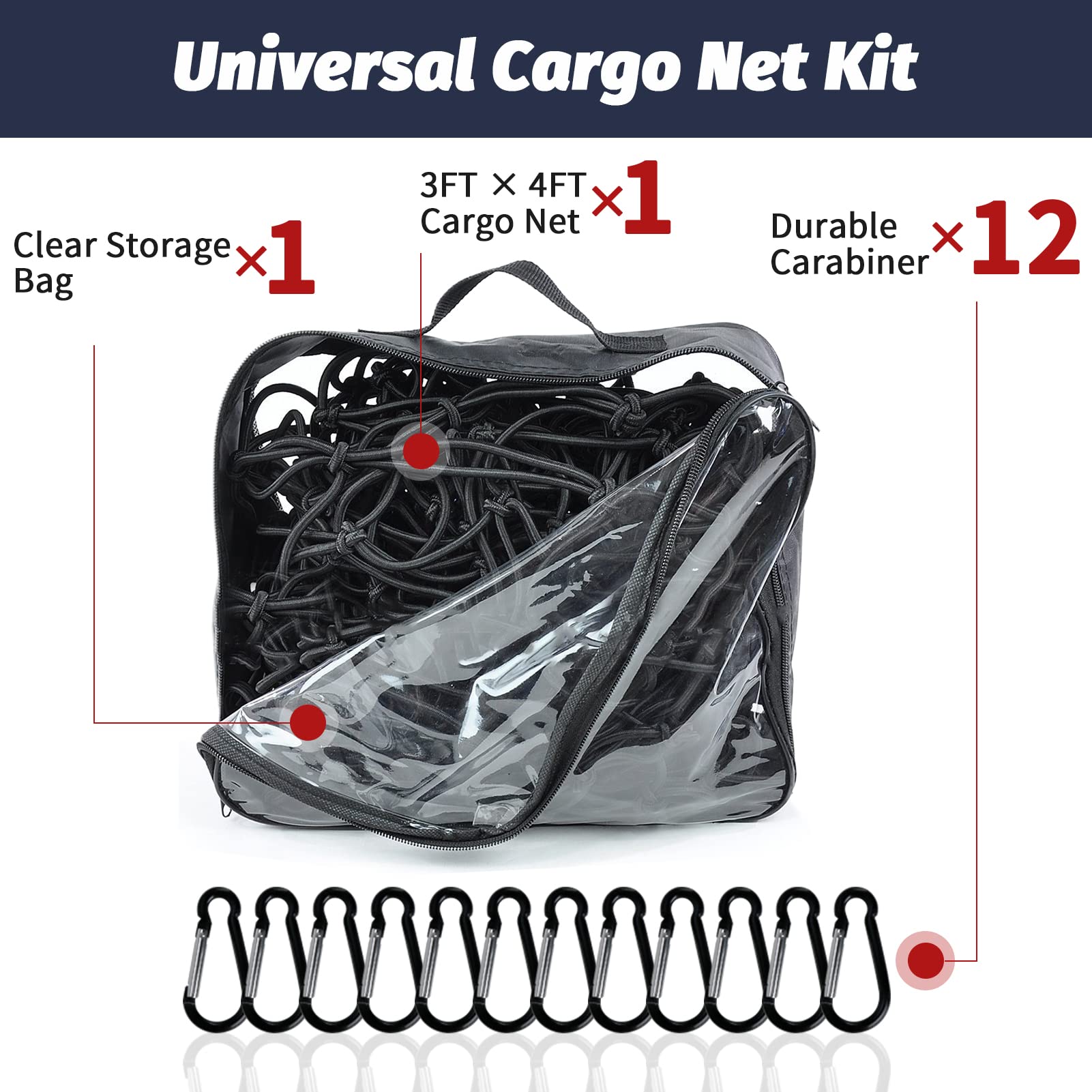 Red de carga para cama de camioneta de 3 x 4 pies que se estira hasta 6 x 8 pies, red de carga resistente de 12 mosquetones de clip sin enredos y 1 bolsa de almacenamiento pequeña de 4 x 4 pulgadas,