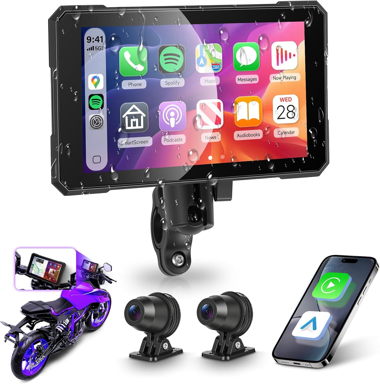 Motorcycle CarPlay Screen 5 Inch Wireless Carplay Android Auto for Motorbike with Removable Bracket 1080P Double Camera, IP68 Waterproof Touchscreen, Supports GPS Navigation