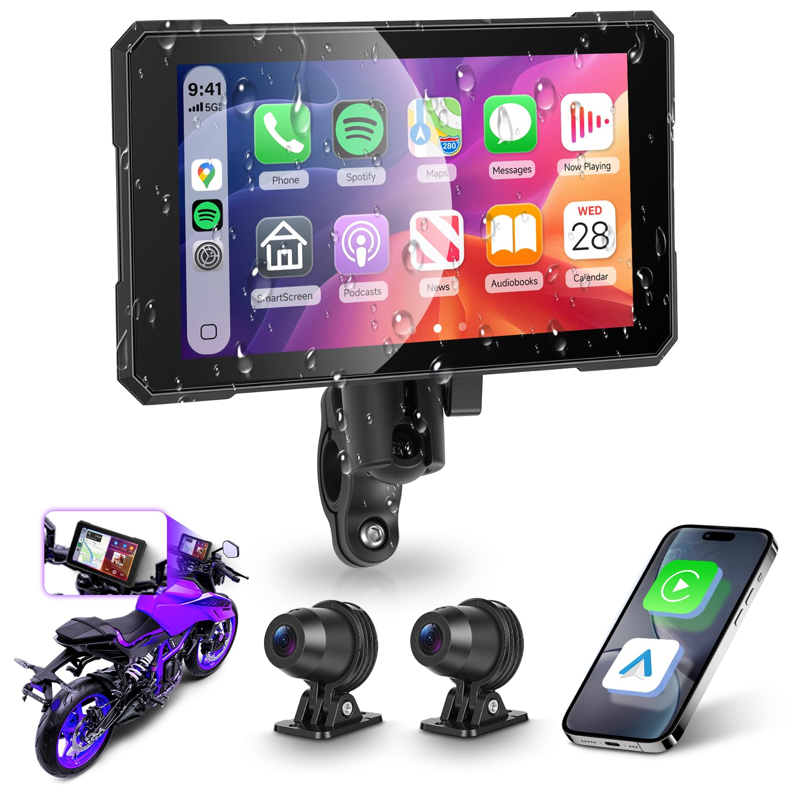 Motorcycle CarPlay Screen 5 Inch Wireless Carplay Android Auto for Motorbike with Removable Bracket 1080P Double Camera, IP68 Waterproof Touchscreen, Supports GPS Navigation
