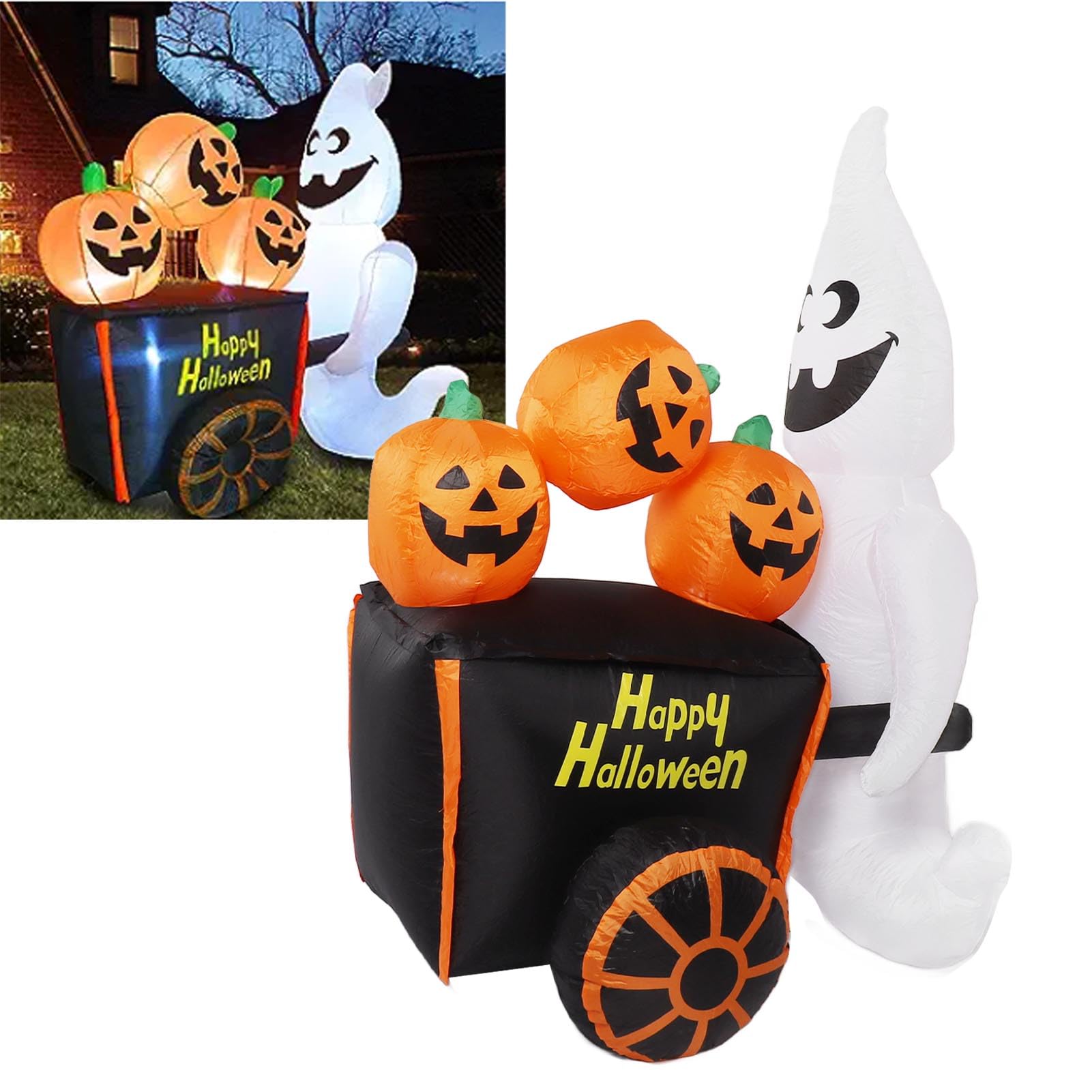 Halloweenowy Nadmuchiwany Wózek z Dyniami o Wysokości 6 Stóp i Wbudowanym światłem LED. Dmuchane Dmuchane Zabawki na imprezę z Okazji Halloween. Dekoracje na Trawniku (Wtyczka UE