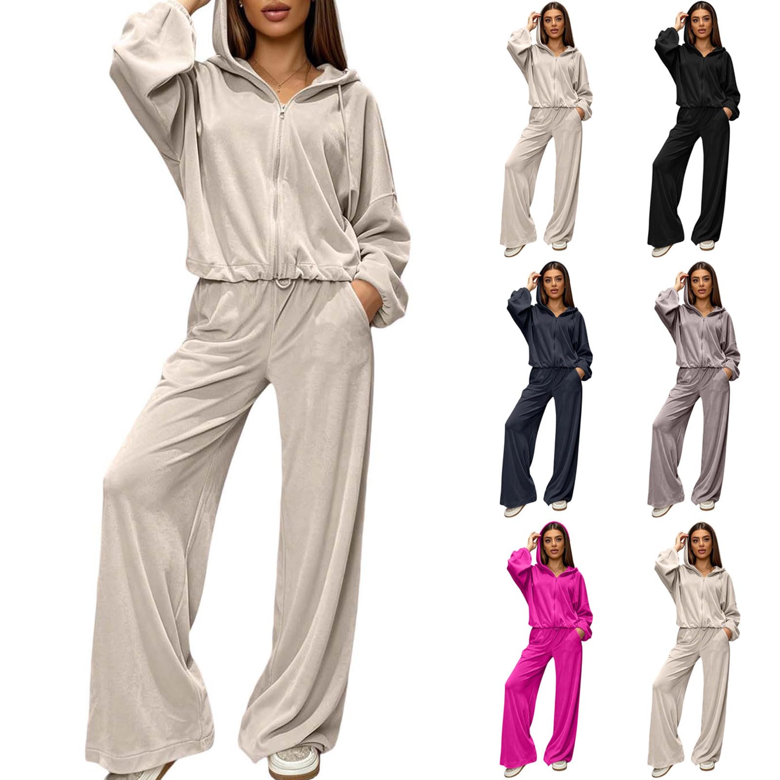 Tuta da donna per il tempo libero, a maniche lunghe, in velluto, 2 | Felpa con cappuccio e pantaloni, per primavera, autunno e inverno