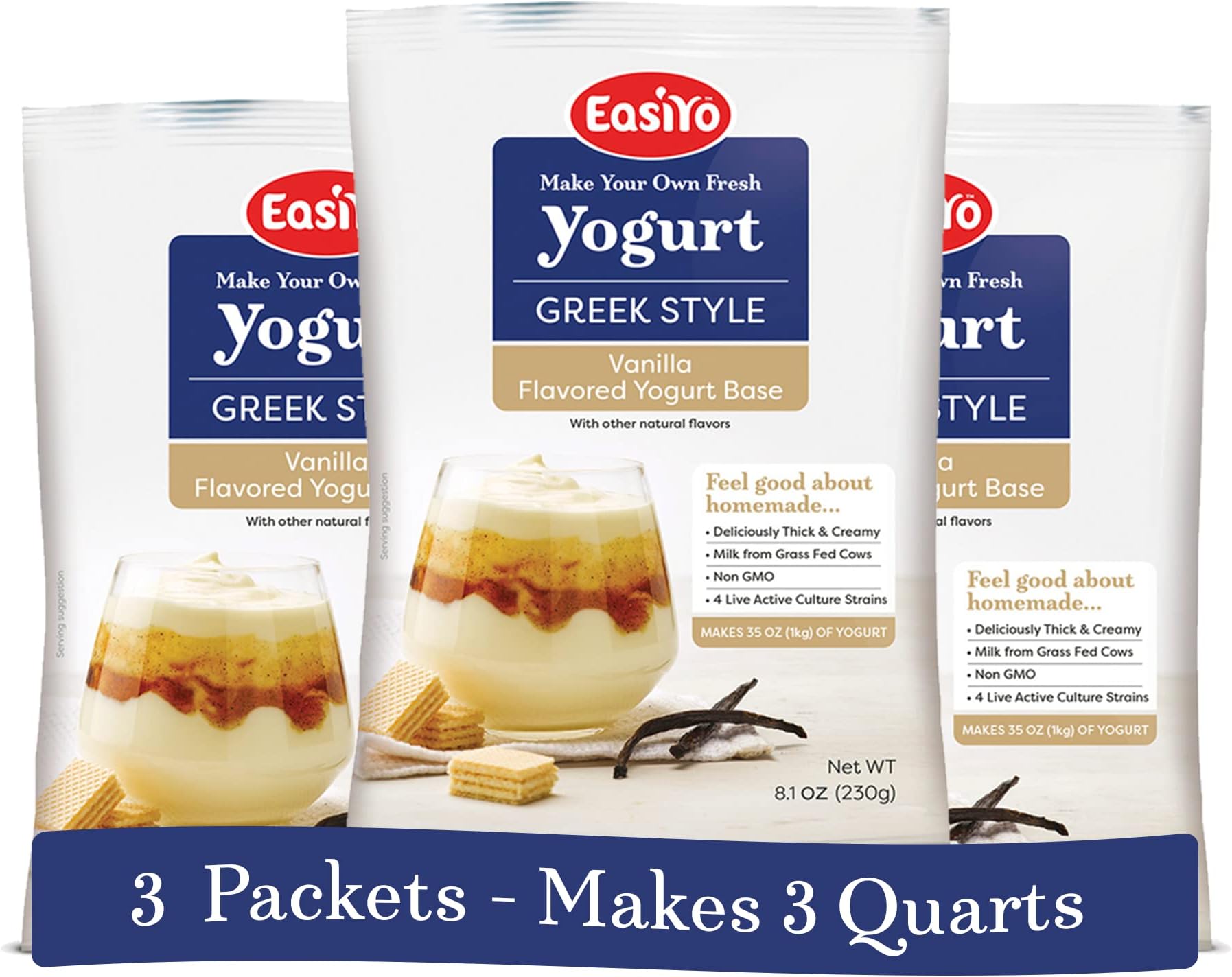 EasiYo Greek Style Vanilla Flavored Yogurt Base (3-pack, 21 Servings) with Live Cultures | Easy & Fresh Homemade Yogurt | Use with EasiYo Maker | New Zealand Milk from Grass Fed Cows