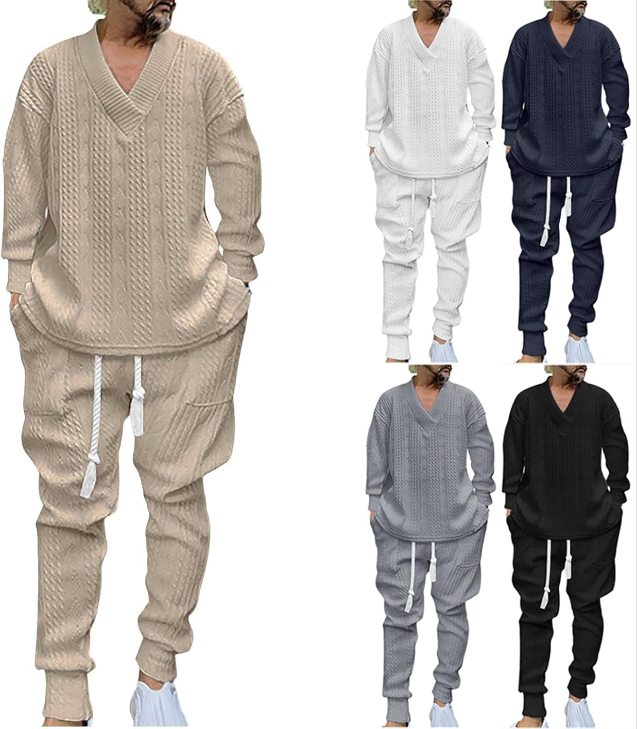 Cambkatl Men's Jacquard Sweatsuit Sets Pullover Oversized V Neck Casual Long Sleeve Jogging Suits 2 Piece Tracksuits Set