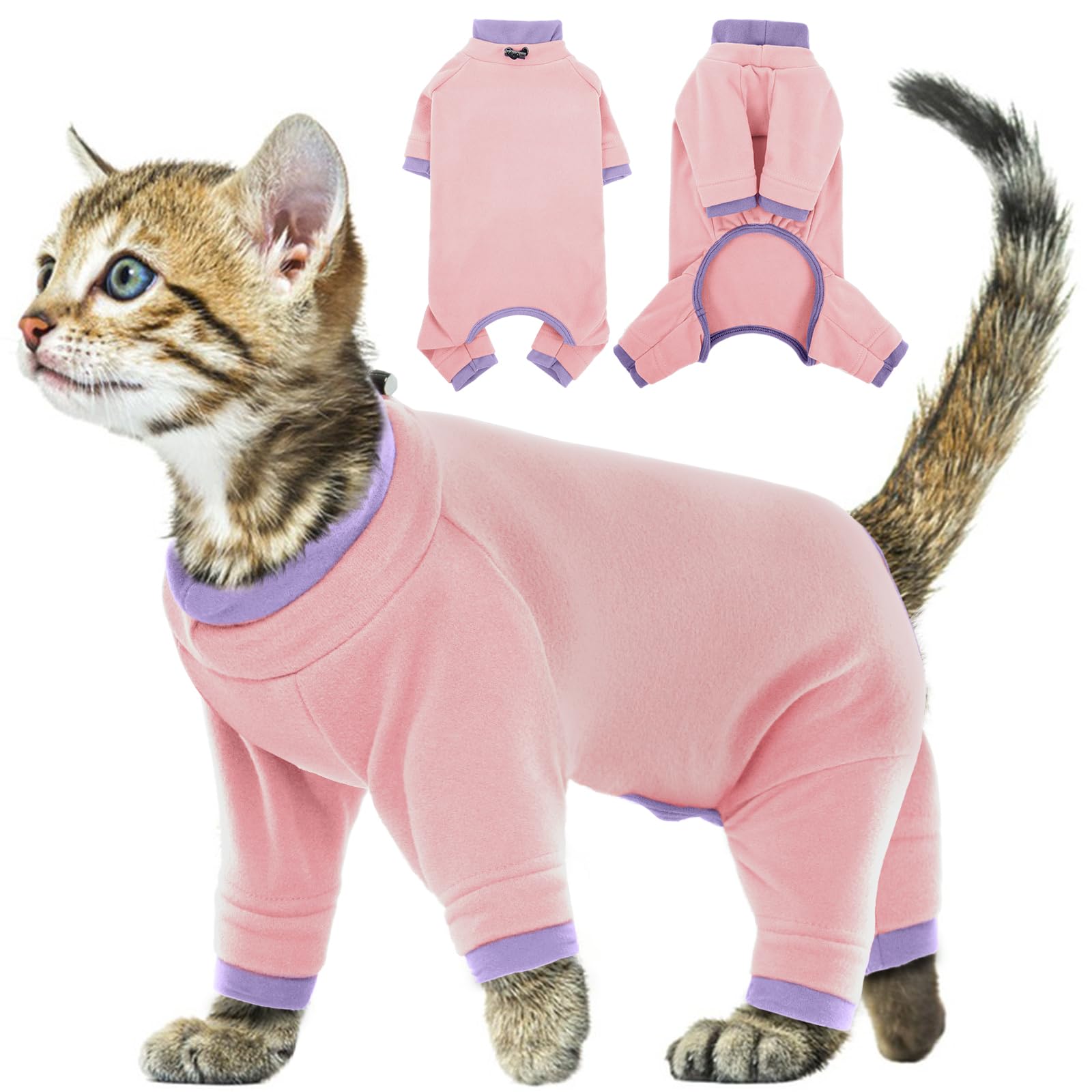 Cat Full Body Recovery Suit, Soft Anti Lick Onesie for Cats Bengal Body Suit with Larger Opening(Light pink, S) — image 1