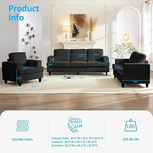 Miniatura 2 de Mjkone Juego de sofás de 3 piezas, sofás seccionales de 3 asientos y sofá biplaza con sillón, sofás de 82 pulgadas de ancho para sala de estar, sofá