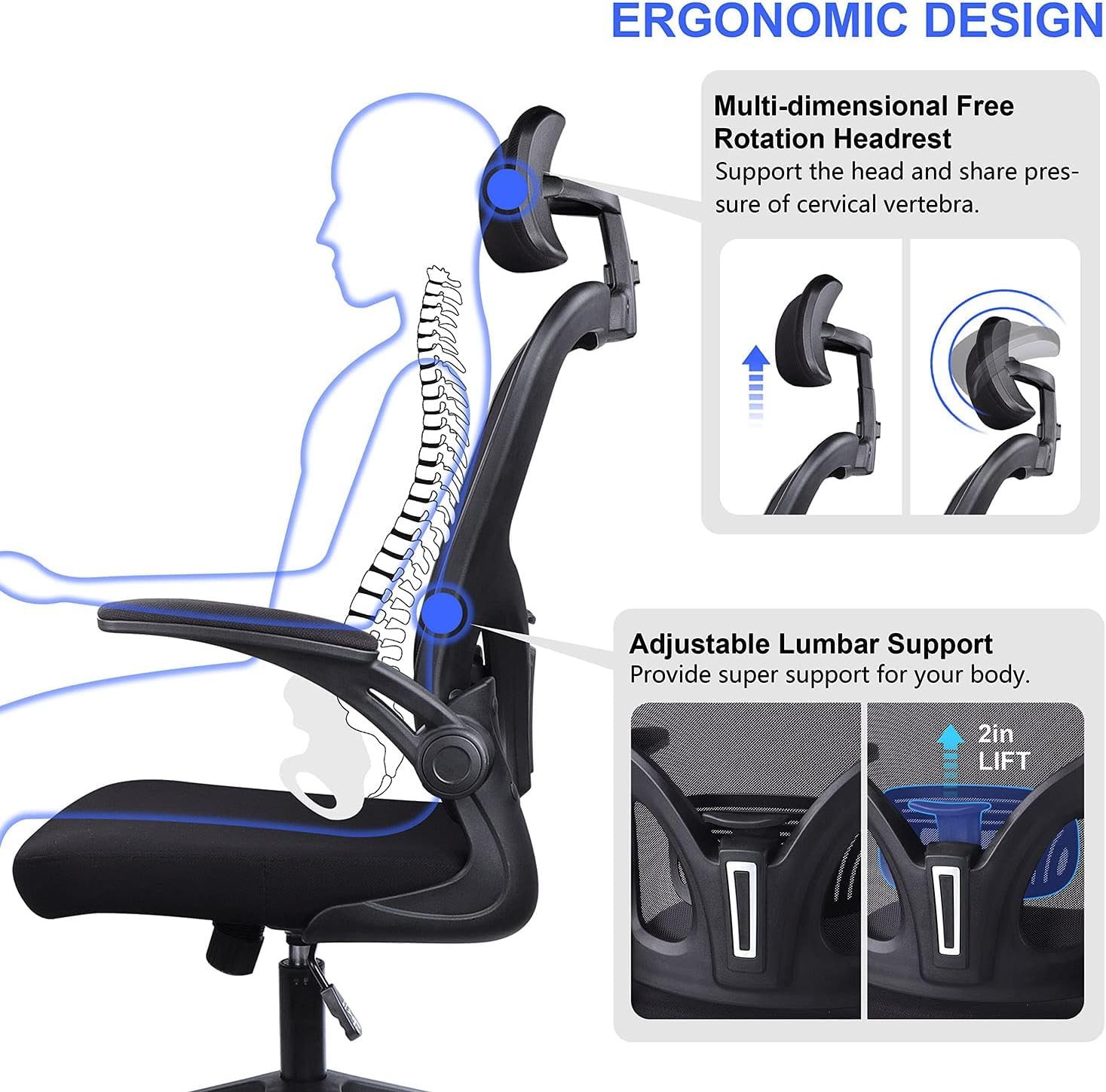 Bürostuhl Ergonomisch Computerstuhl mit Verstellbarer Kopfstütze und Lordosenstütze Schreibtischstuhl Ergonomischer Bürostuhl für Home Büro Bis 150KG Belastbar (Schwarz)