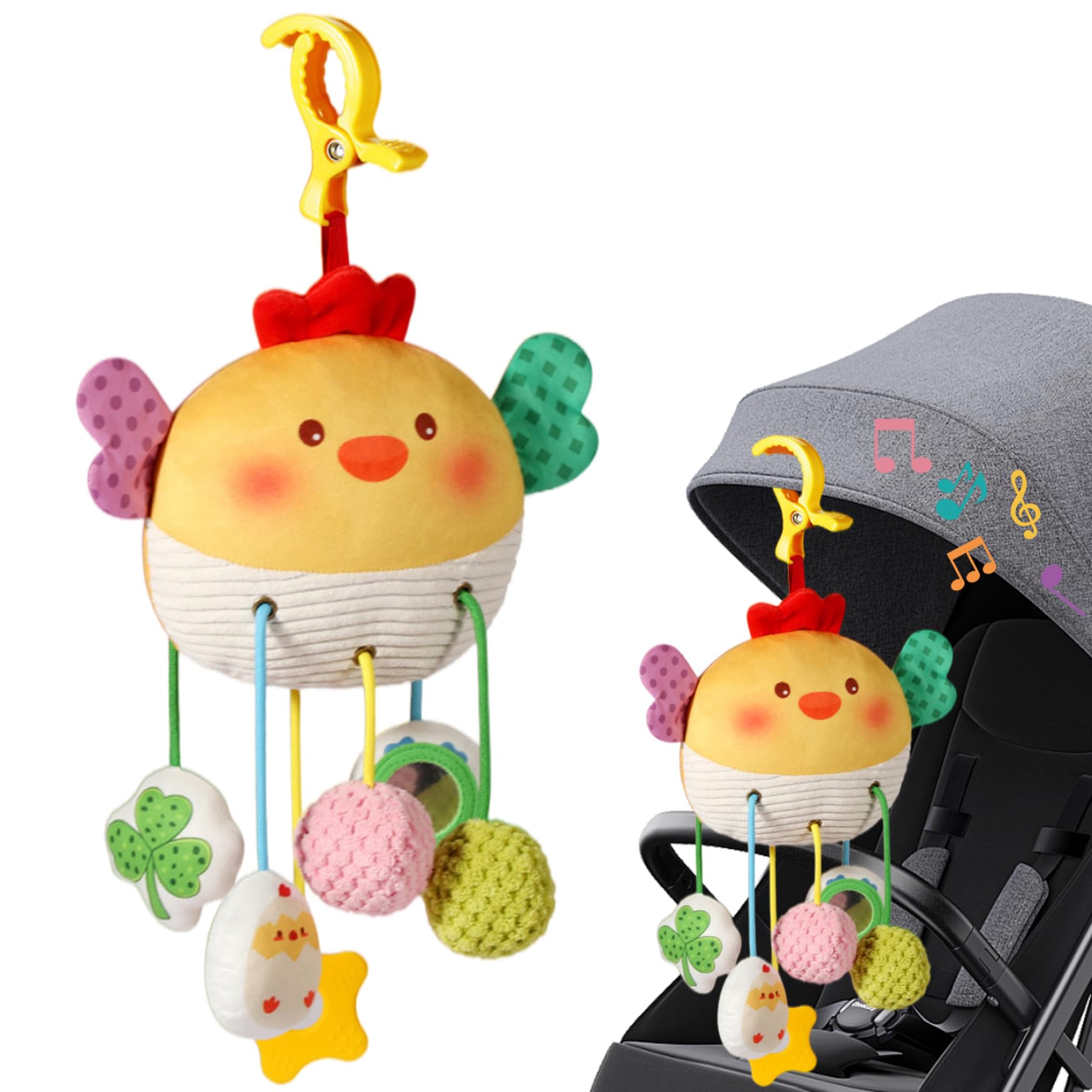 Pesoncarl Car Seat Toys, Baby Plush Spiral Hanging Toys for Stroller Crib Bar Bassinet Car Seat Mobile with Music Box - Chicken shape.